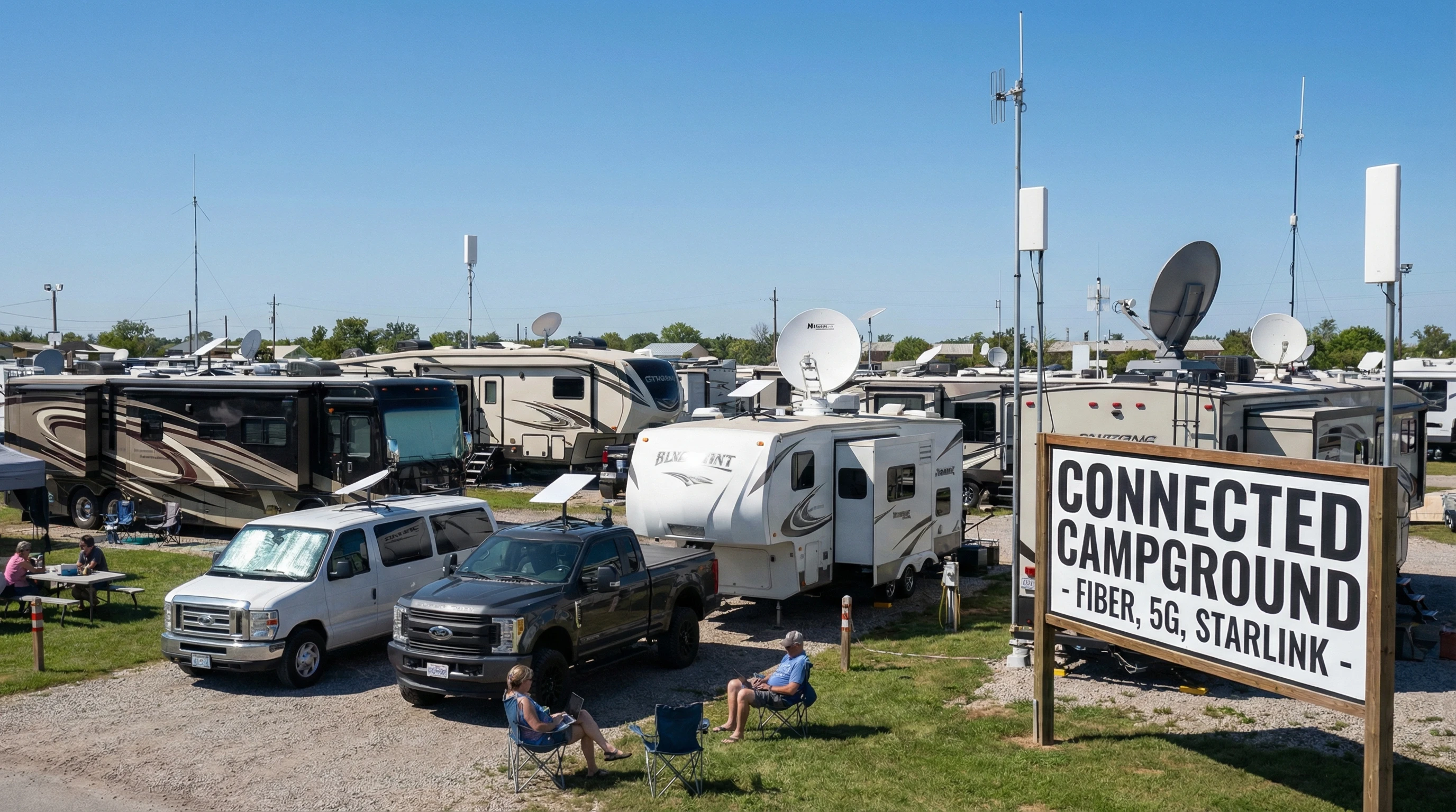 Modern RV park with visible WiFi antennas and satellite dishes among RVs under a bright sky