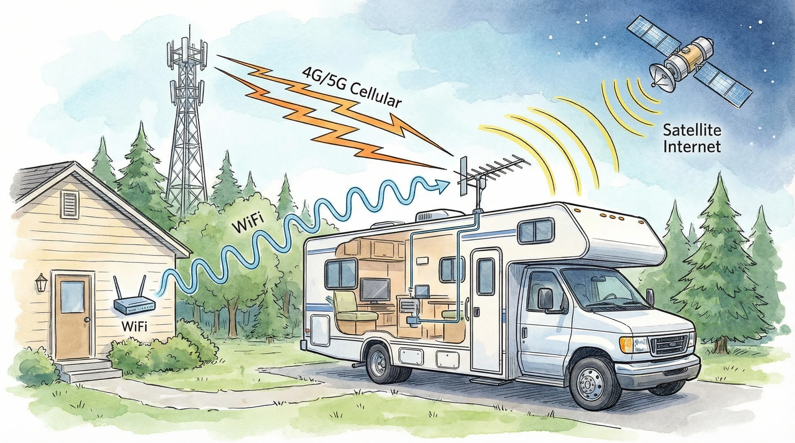 Landscape showing several RVs parked with a view of a cell tower and satellite dish in the background