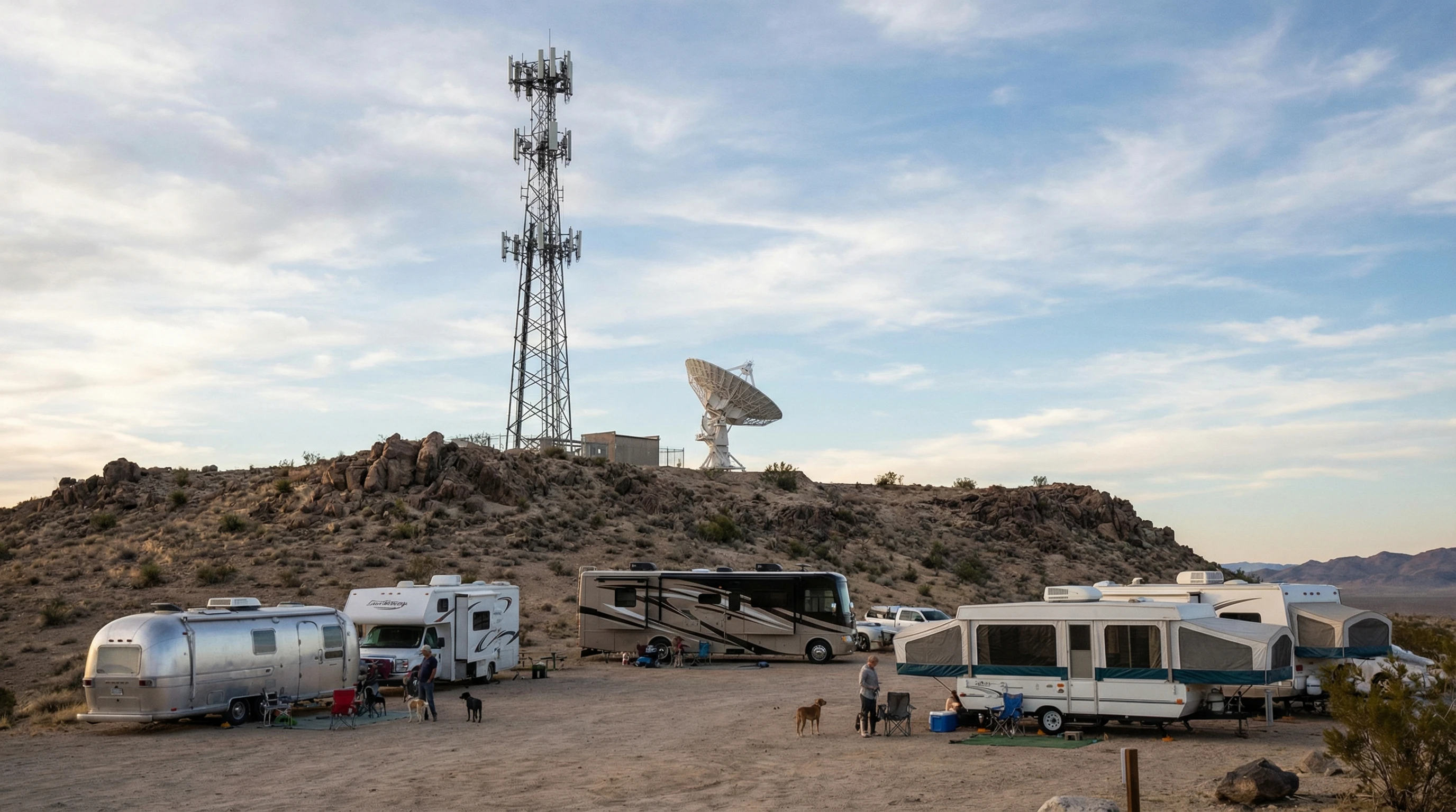 A modern RV interior setup showing a laptop, mobile hotspot, and WiFi booster on a compact table