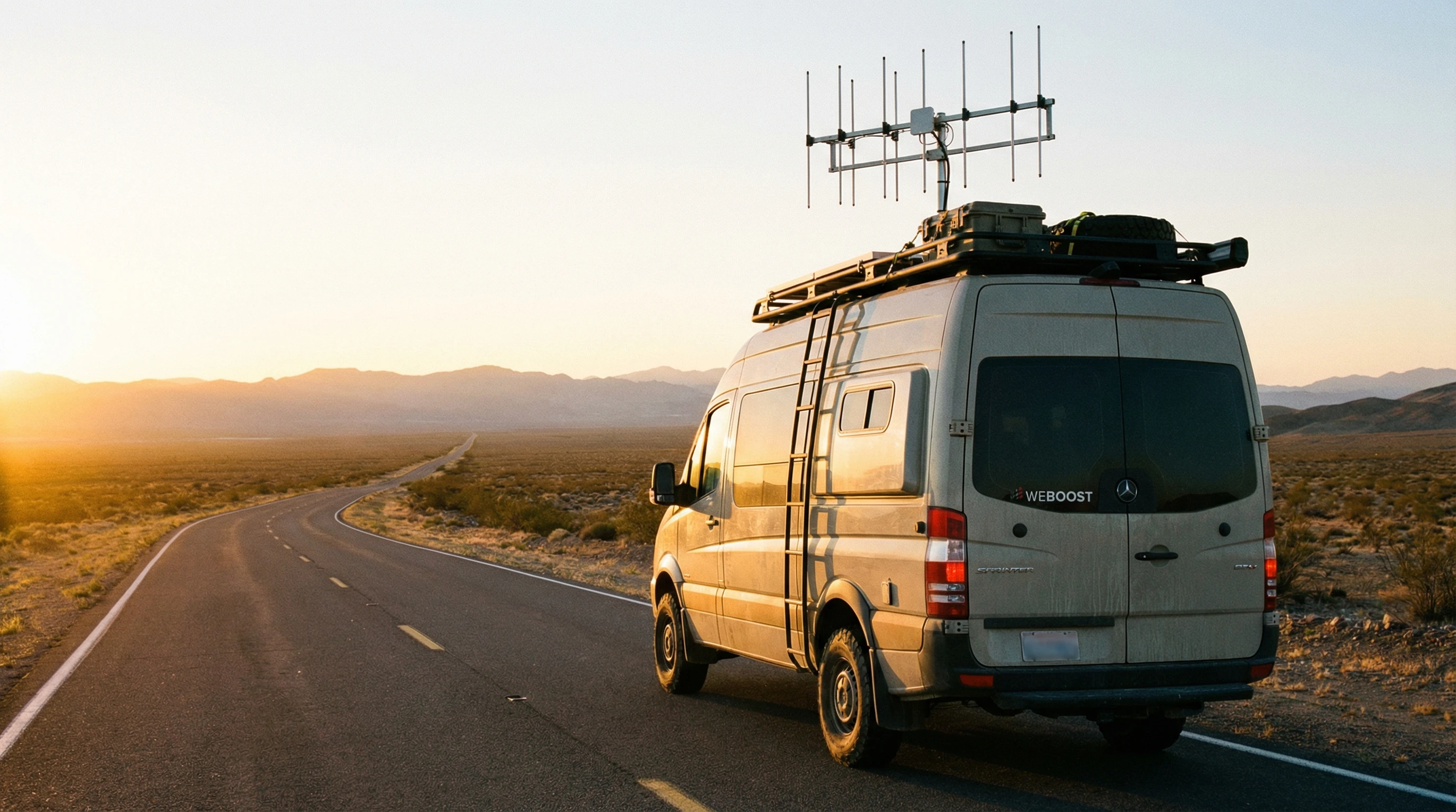 An RV with a rooftop cellular antenna and a wide-open highway in the background during golden hour.