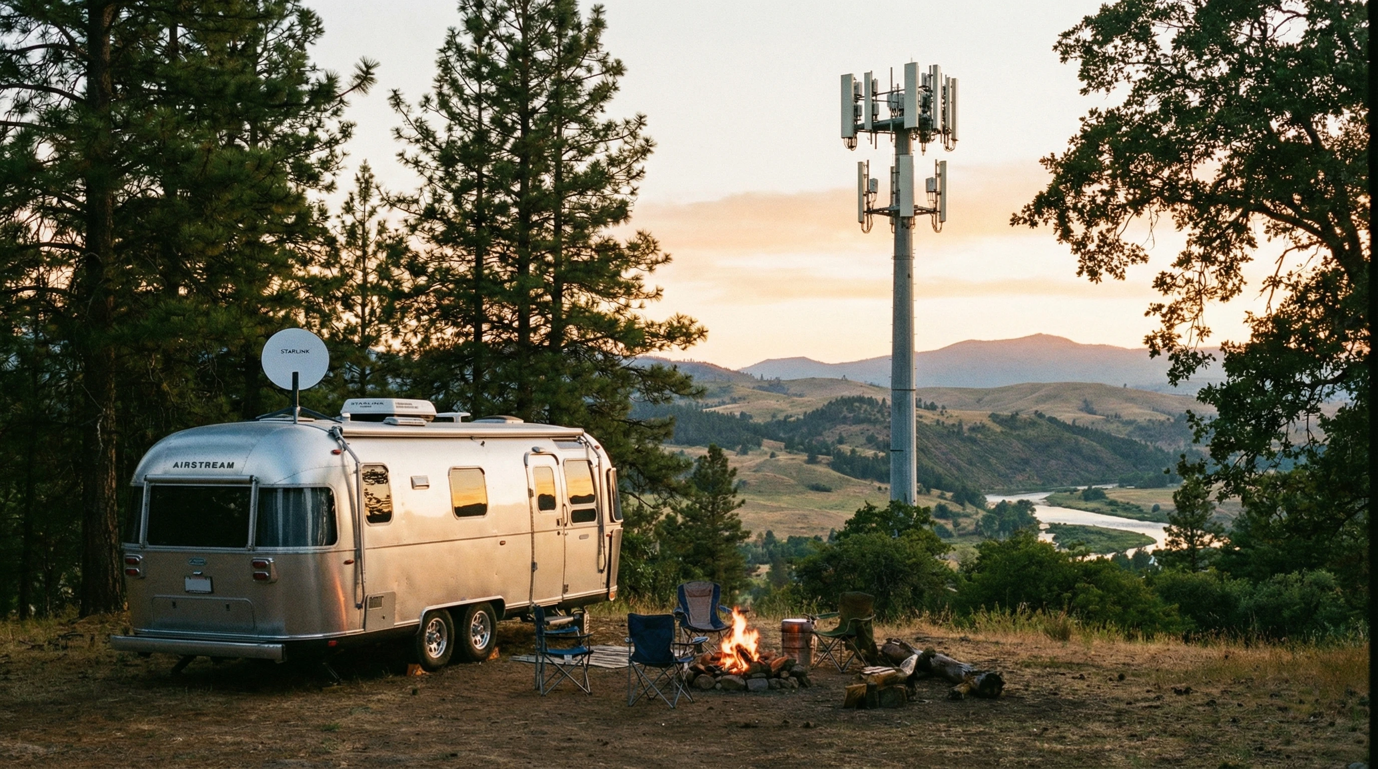 A scenic RV parked near trees with a visible 5G cellular tower in the background.