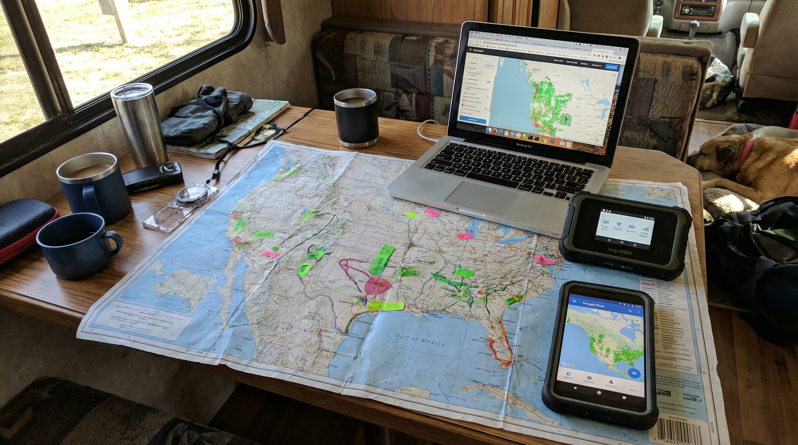 An aerial view of a camper van parked by a lake, surrounded by trees, with clear blue sky and a visible cell tower in the distance.