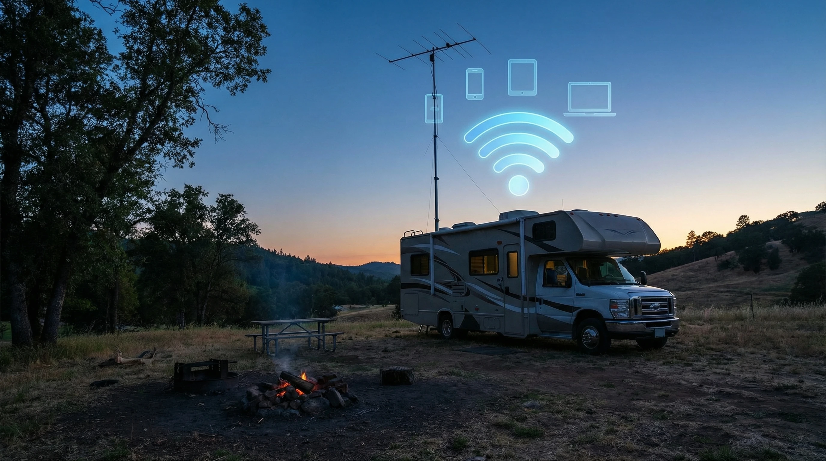 AI generated image of an RV parked with satellite dish and smart device icons in the sky