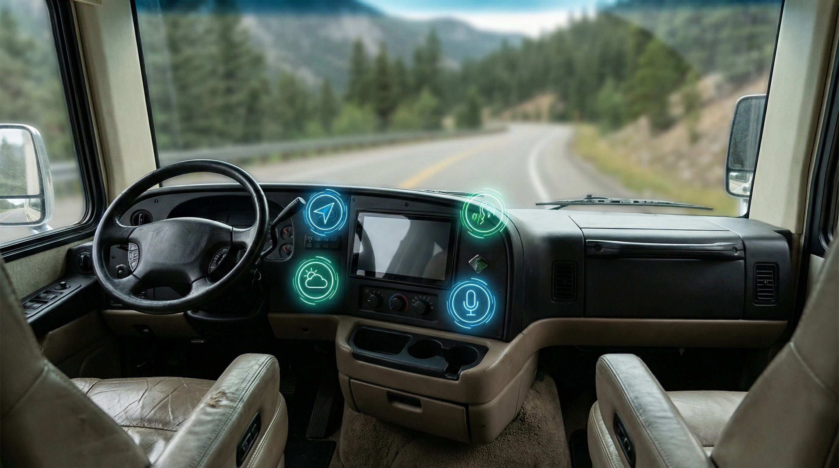 AI generated image of RV drivers seat with digital assistant icons overlayed