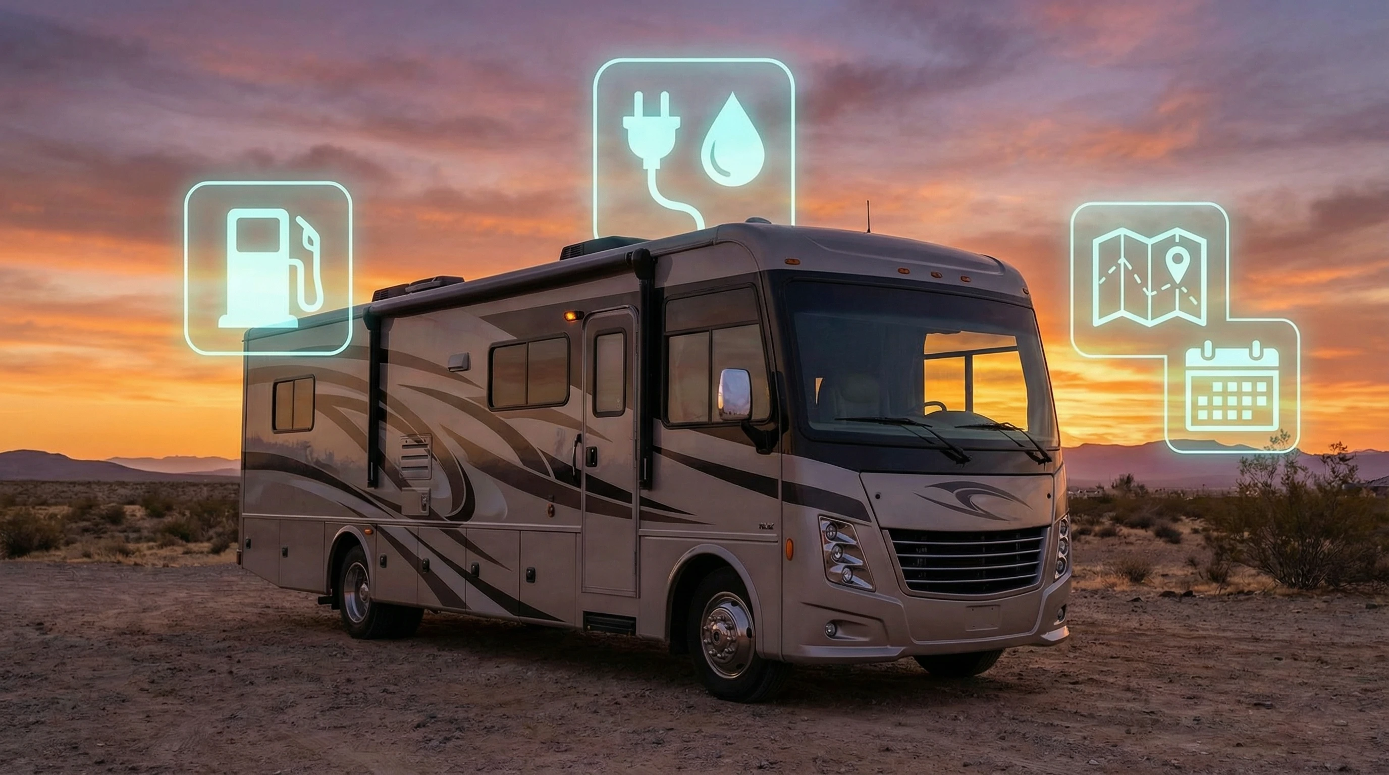 RV apps displayed on a phone, with mountains and forest in the background