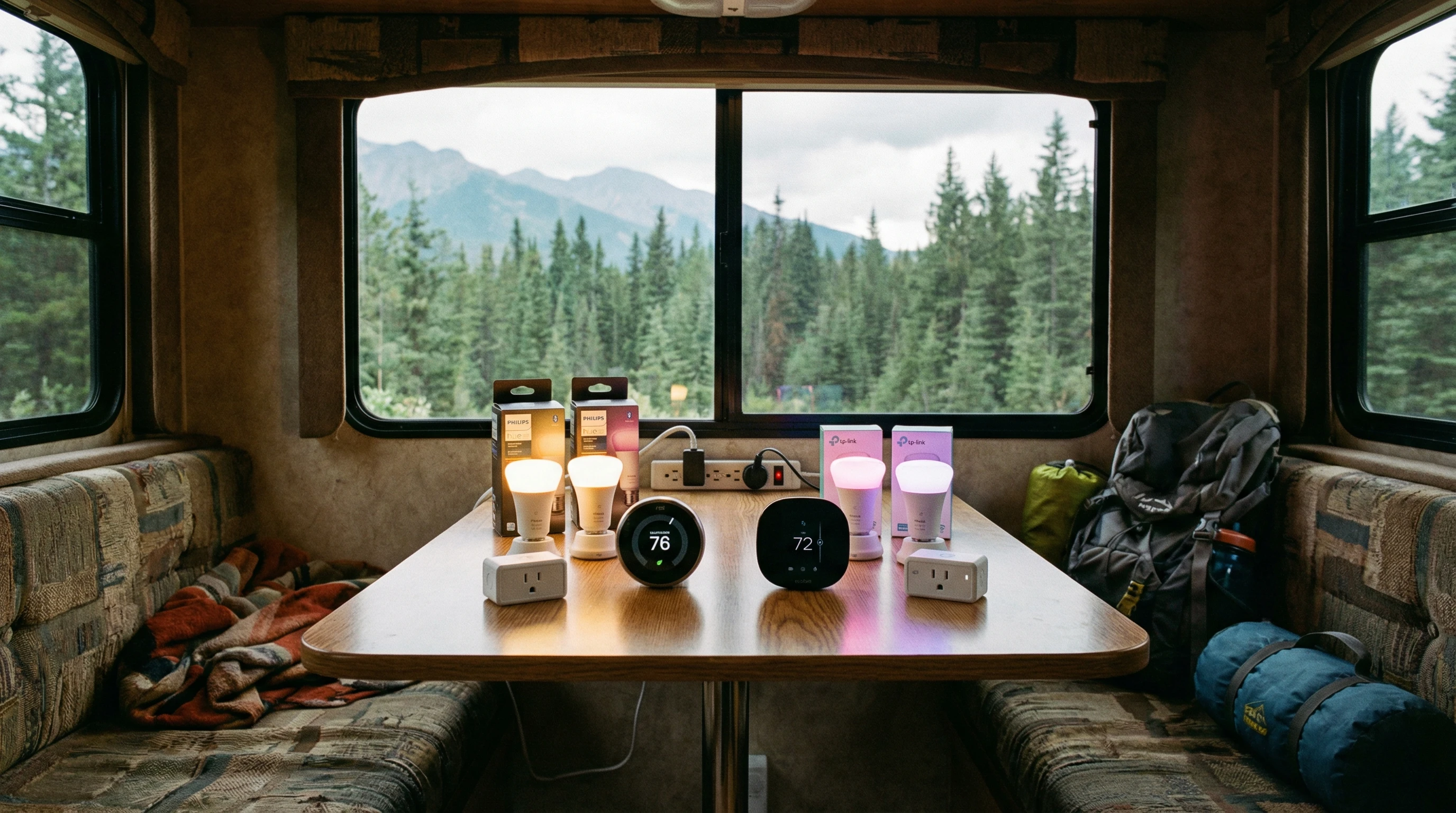 AI generated image of smart lights, plugs, and thermostat devices arranged on a table in RV