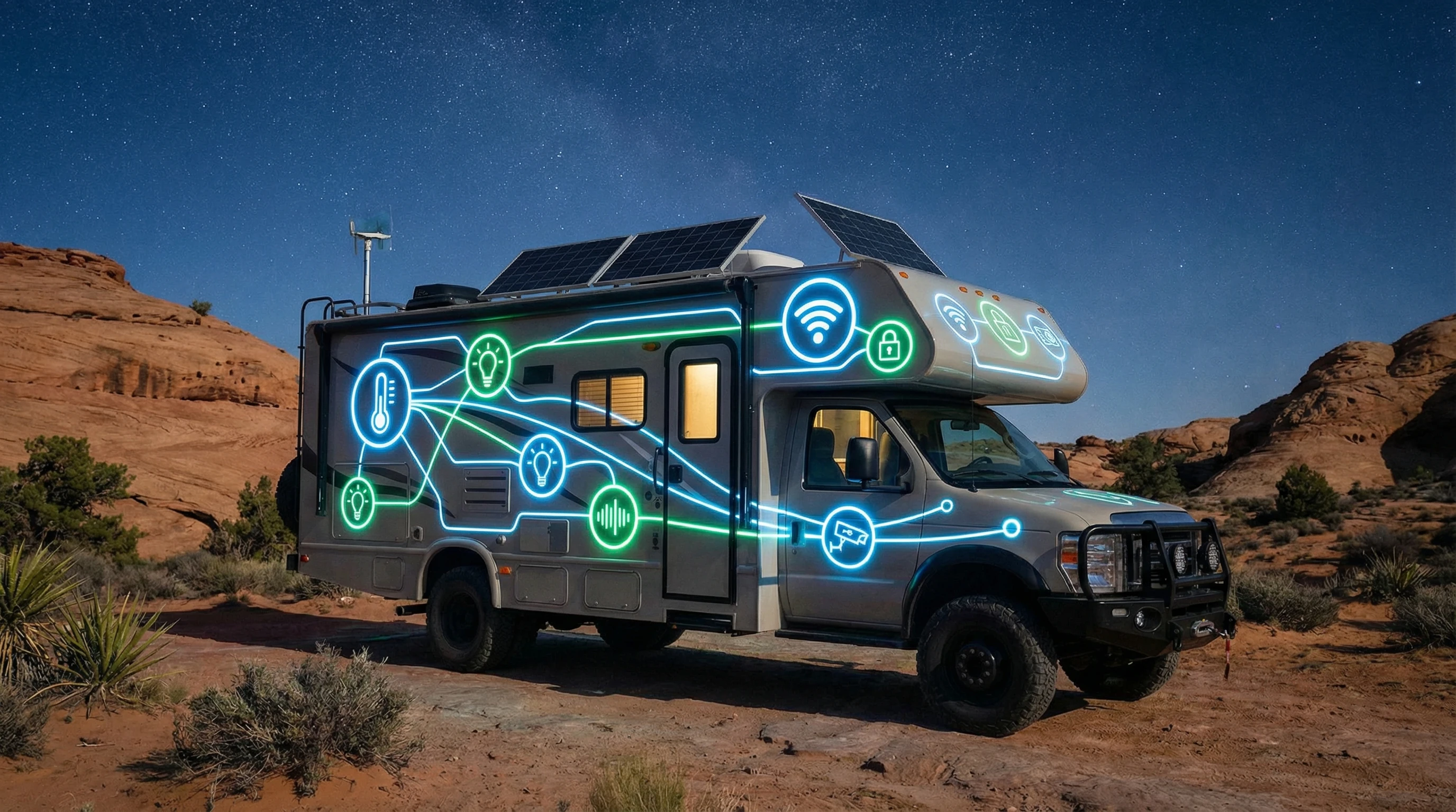 AI generated image of a connected RV featuring smart speakers and IoT gadgets