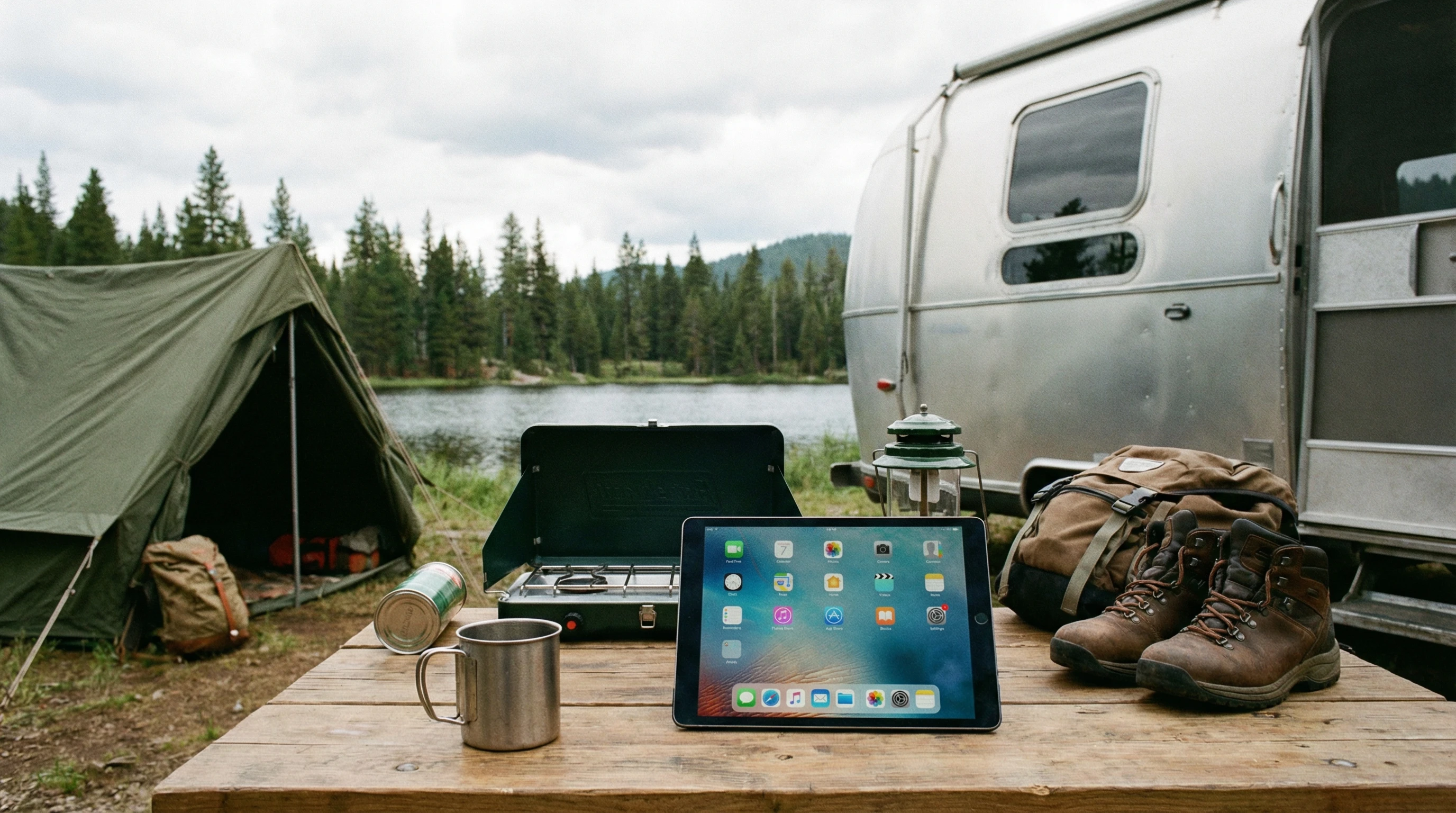 RV enjoying sunset with smartphone apps in use inside RV