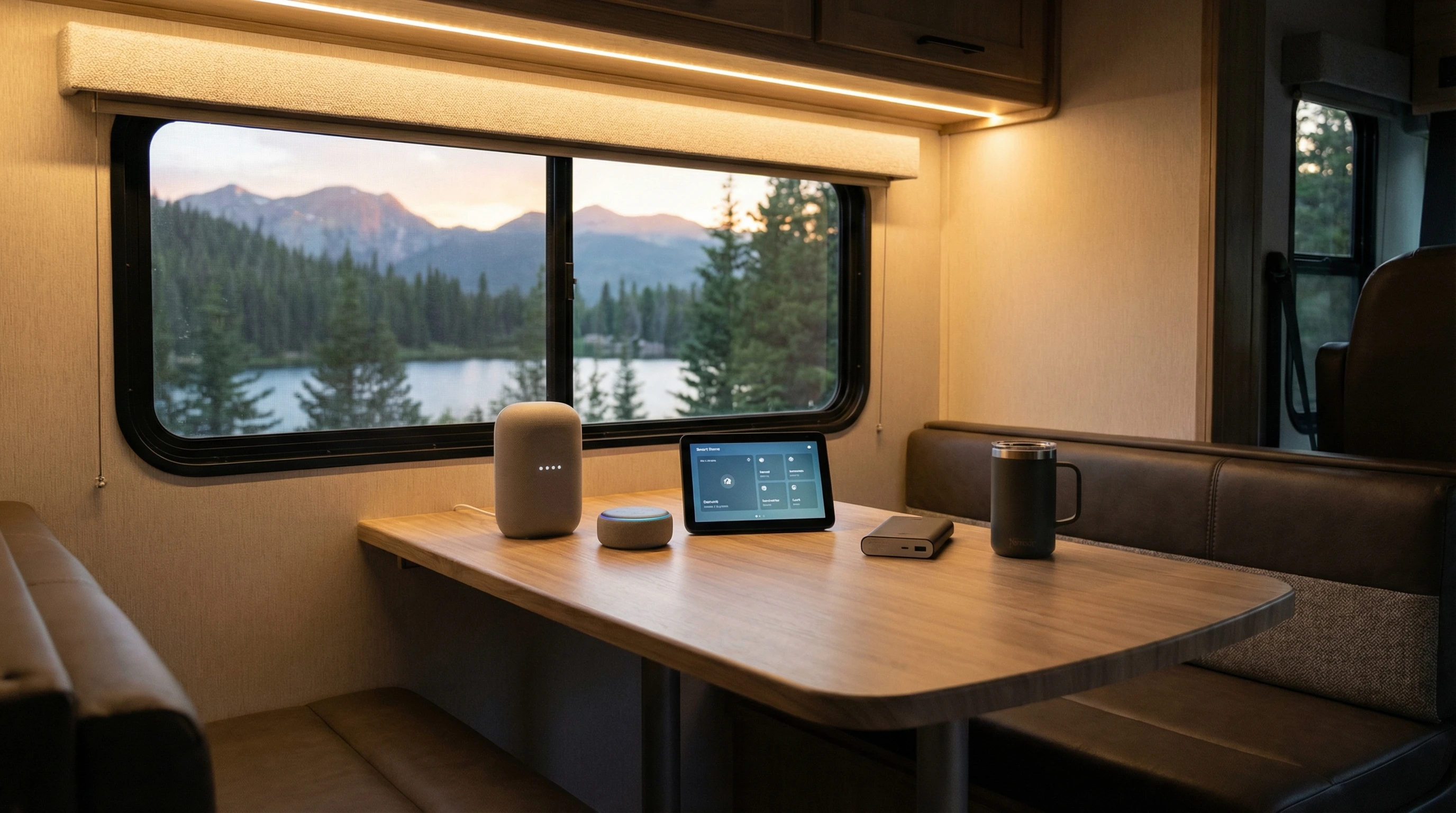 AI generated image of an RV interior with voice assistant smart devices on the table