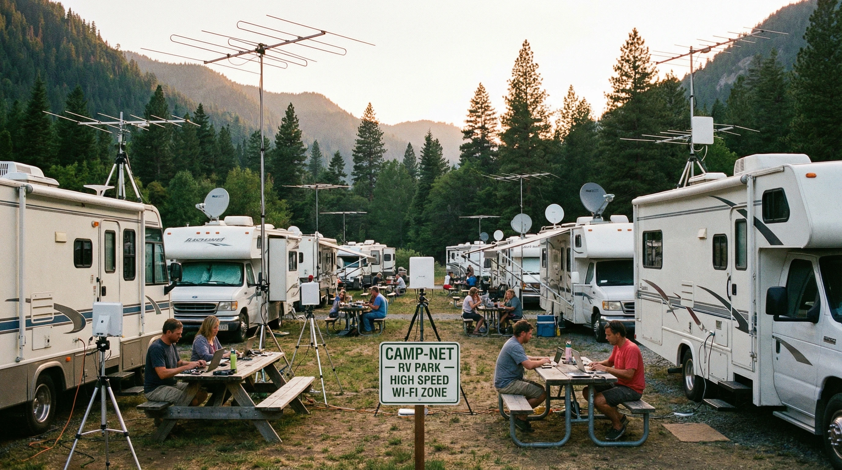 A campsite with multiple RVs using antennas and routers outdoors