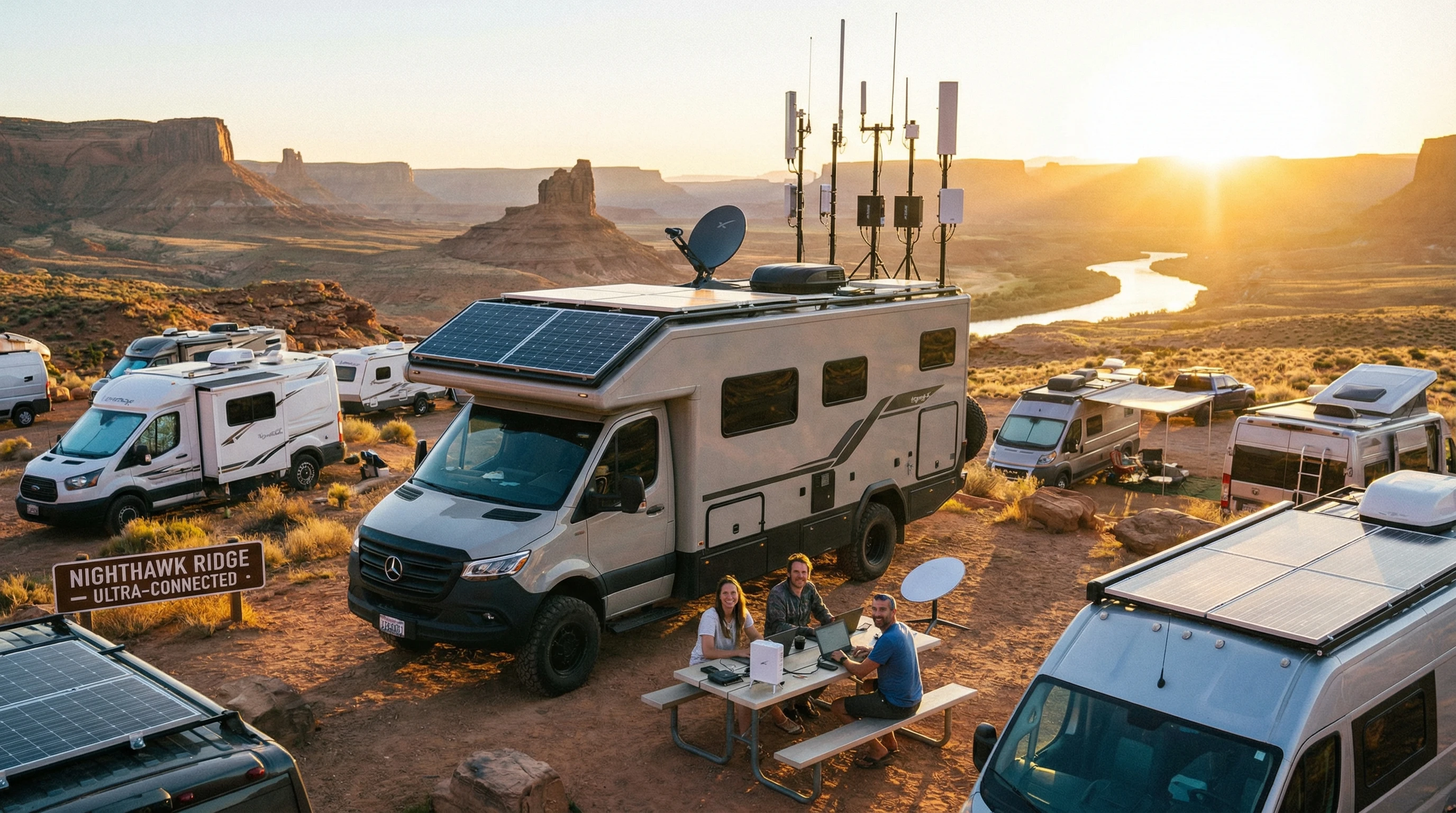 An RV campsite at sunset, with solar panels and antennas visible, hinting at strong connectivity