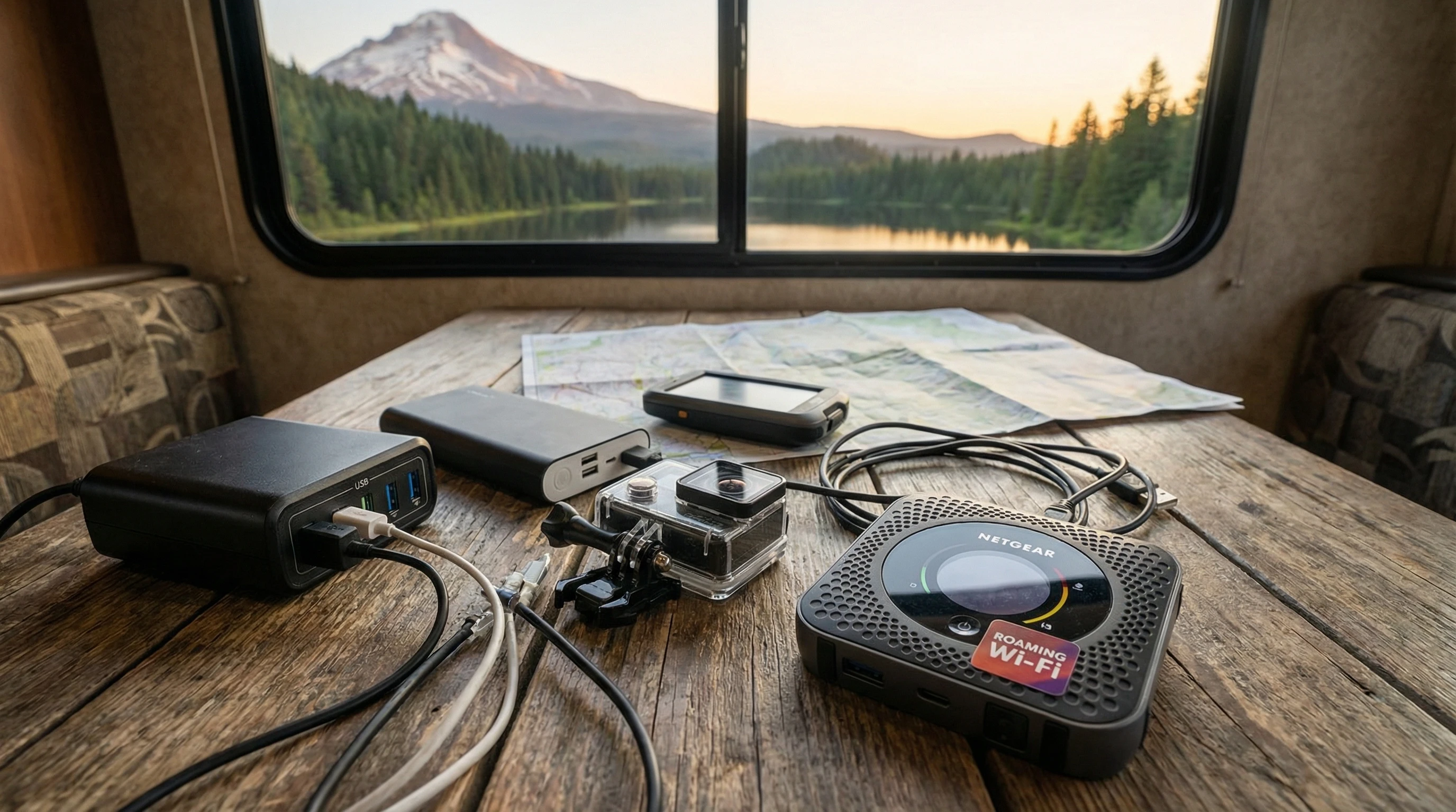 Close-up of travel gadgets and hotspots on an RV table, with outdoor backdrop