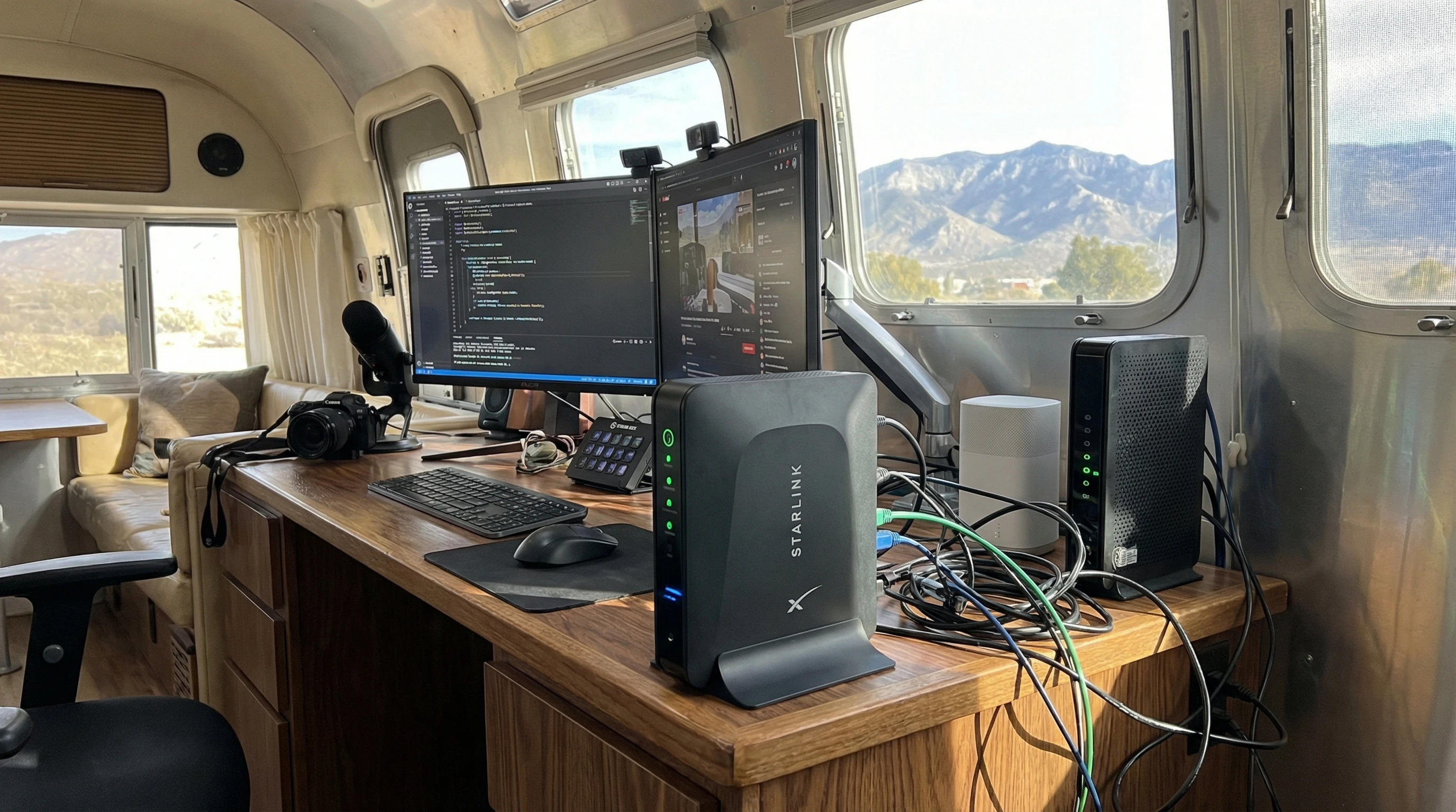 Interior RV workspace set up for streaming and remote work, with router and indicator lights
