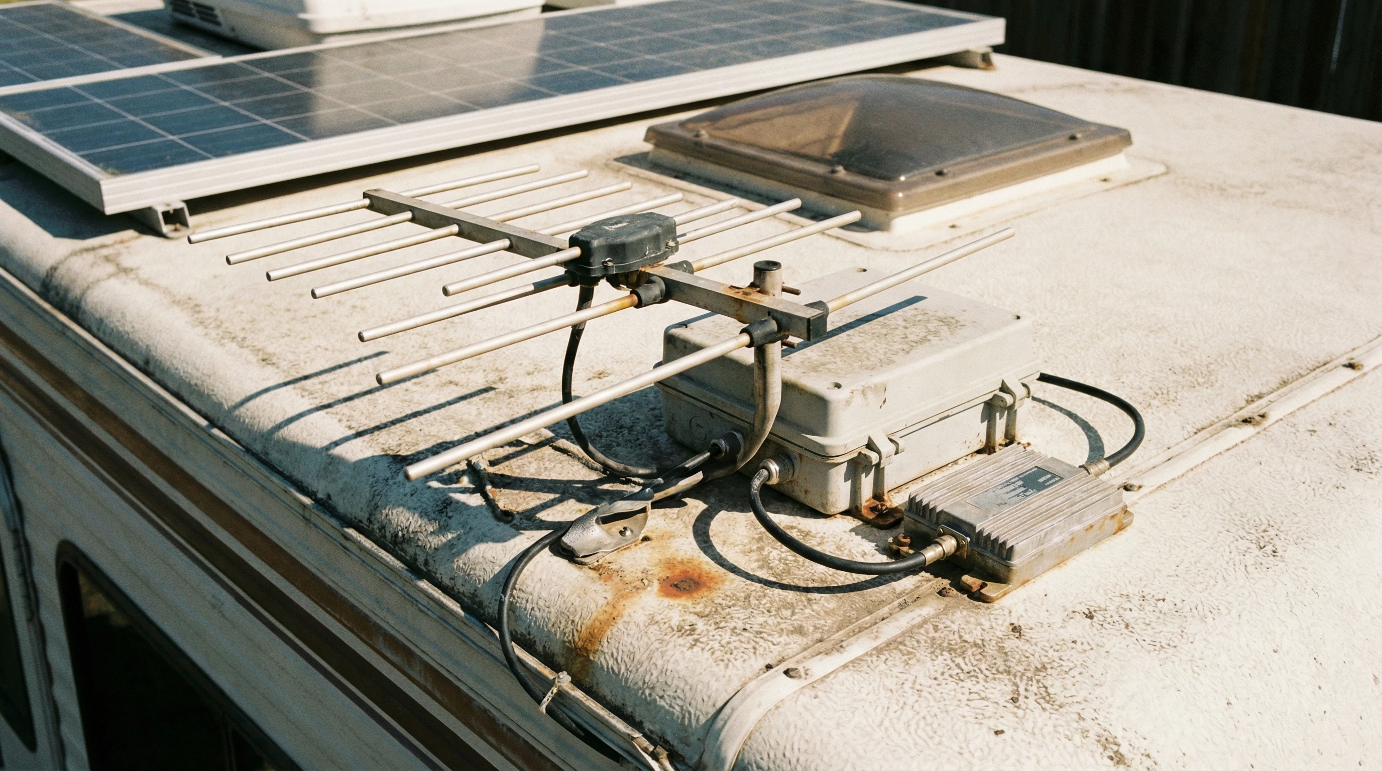 Close-up of a roof-mounted WiFi antenna and equipment on an RV