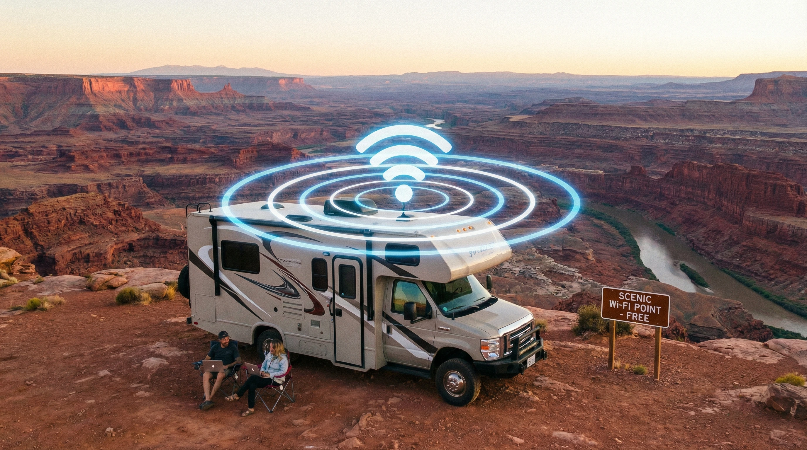 RV parked in a scenic area with WiFi signal waves radiating from the roof