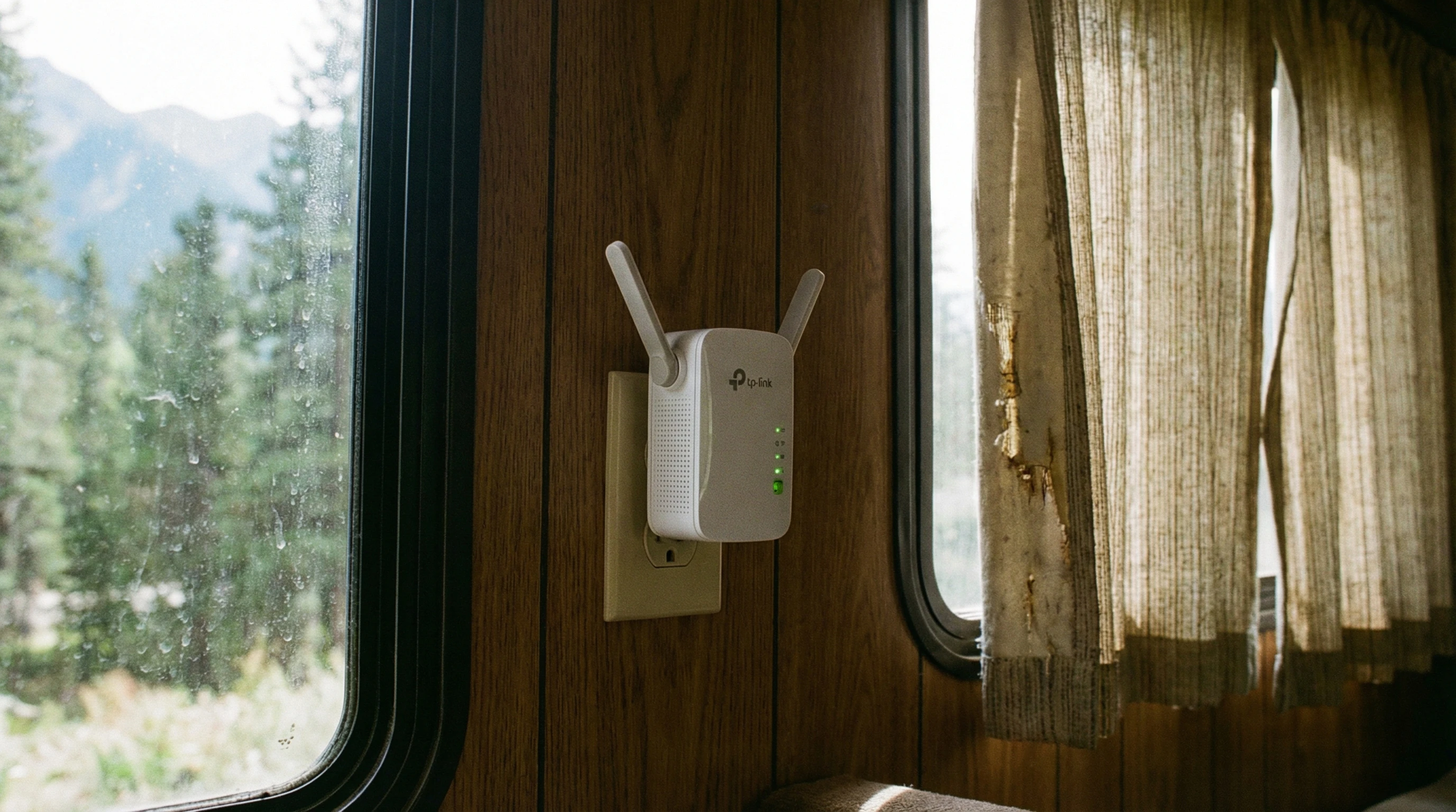 RV Wi-Fi extender setup with lights and cozy decor