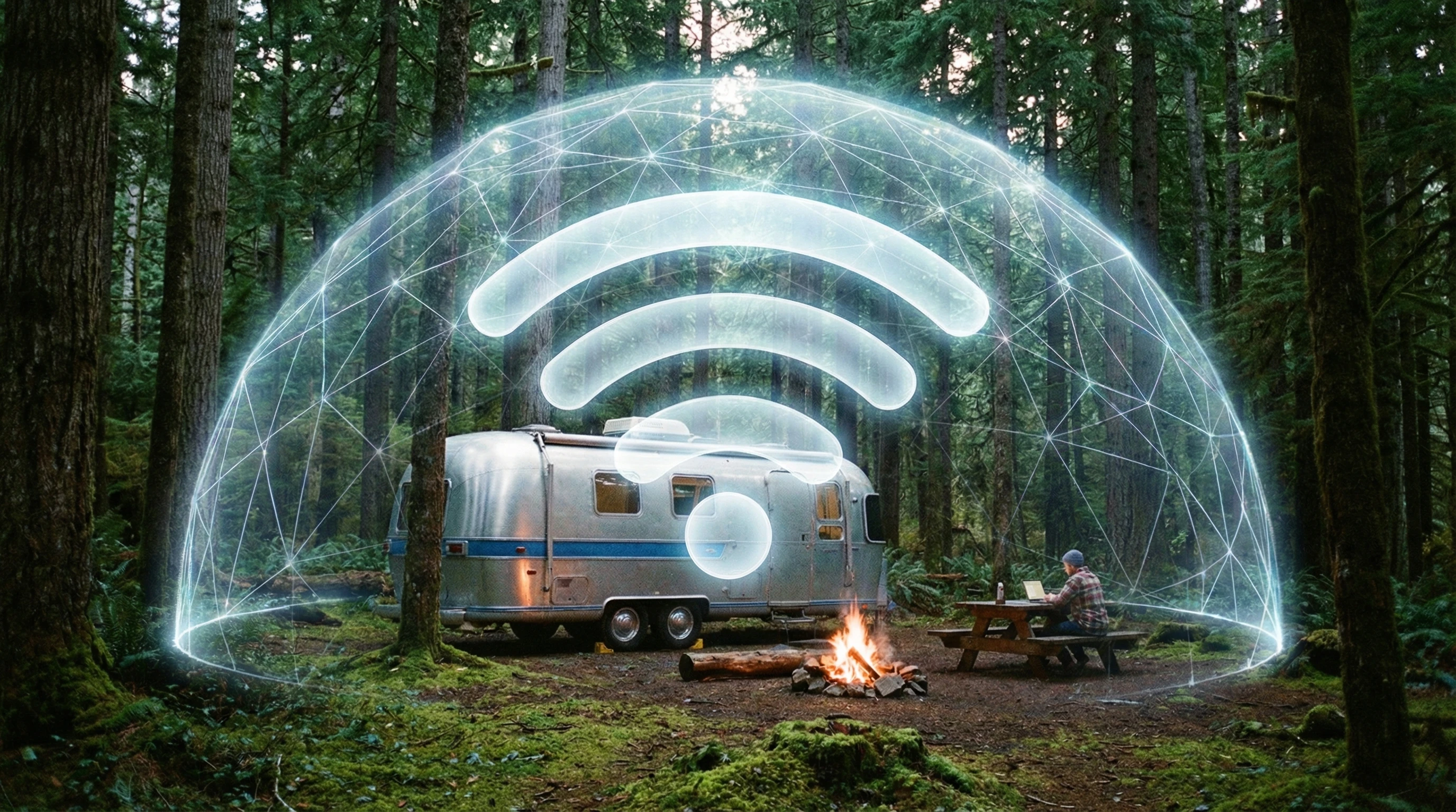 RV parked in a forest with a Wi-Fi signal extending to the area around it