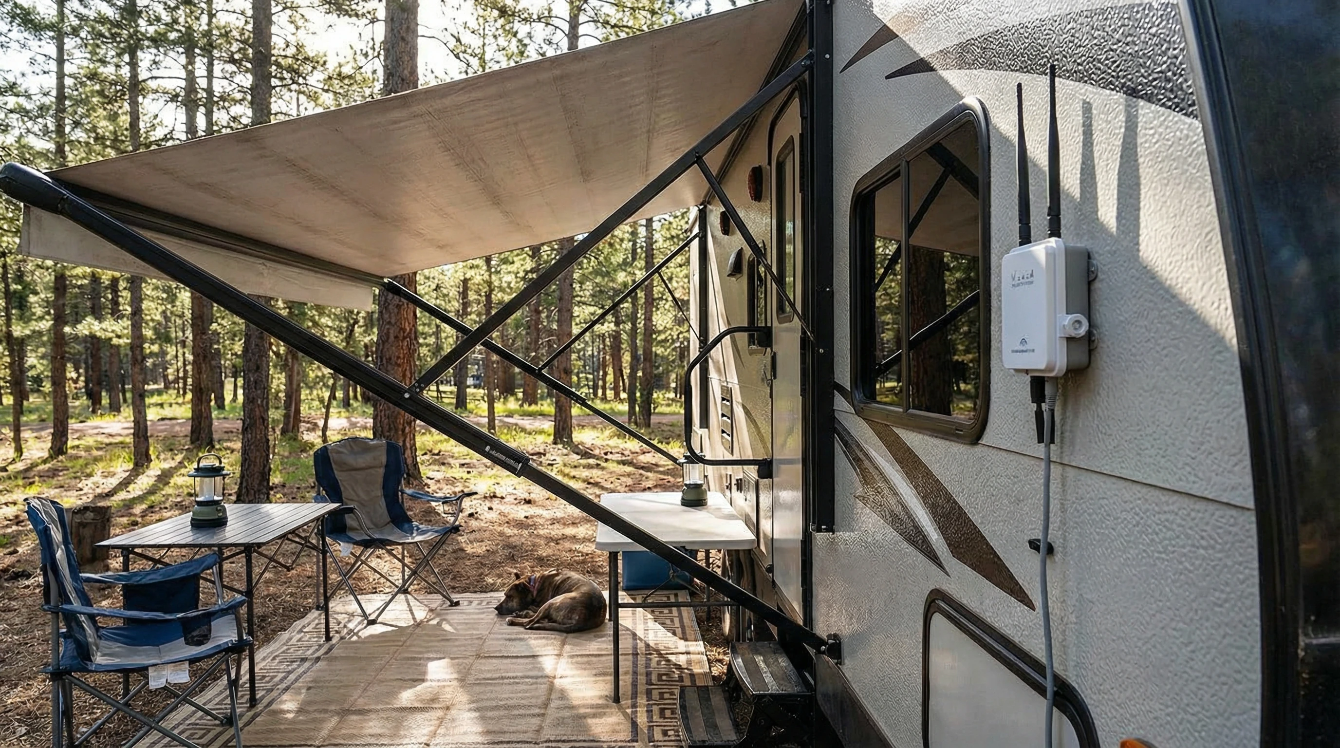 RV covered area with a mesh router on the table