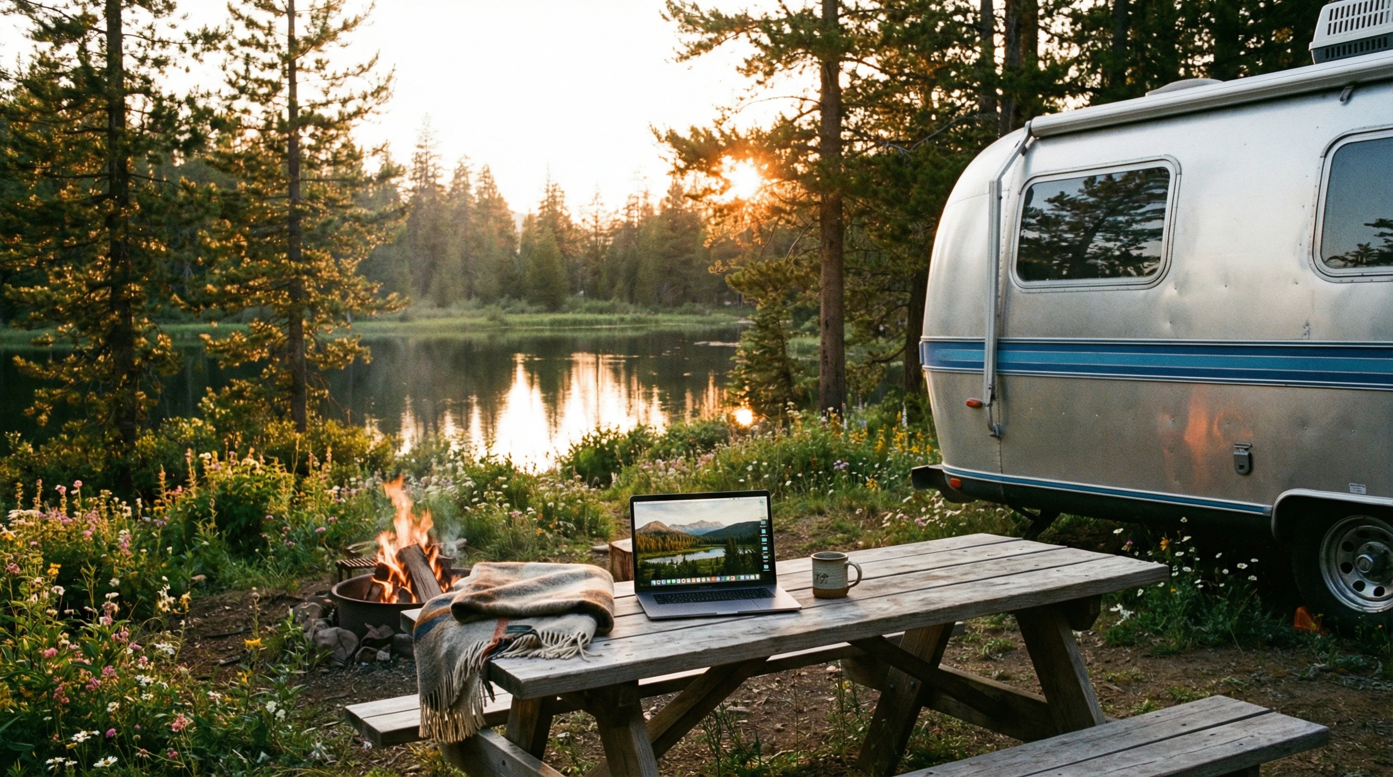 An RV parked in a remote scenic location with a laptop setup outside, mountain view in the background.