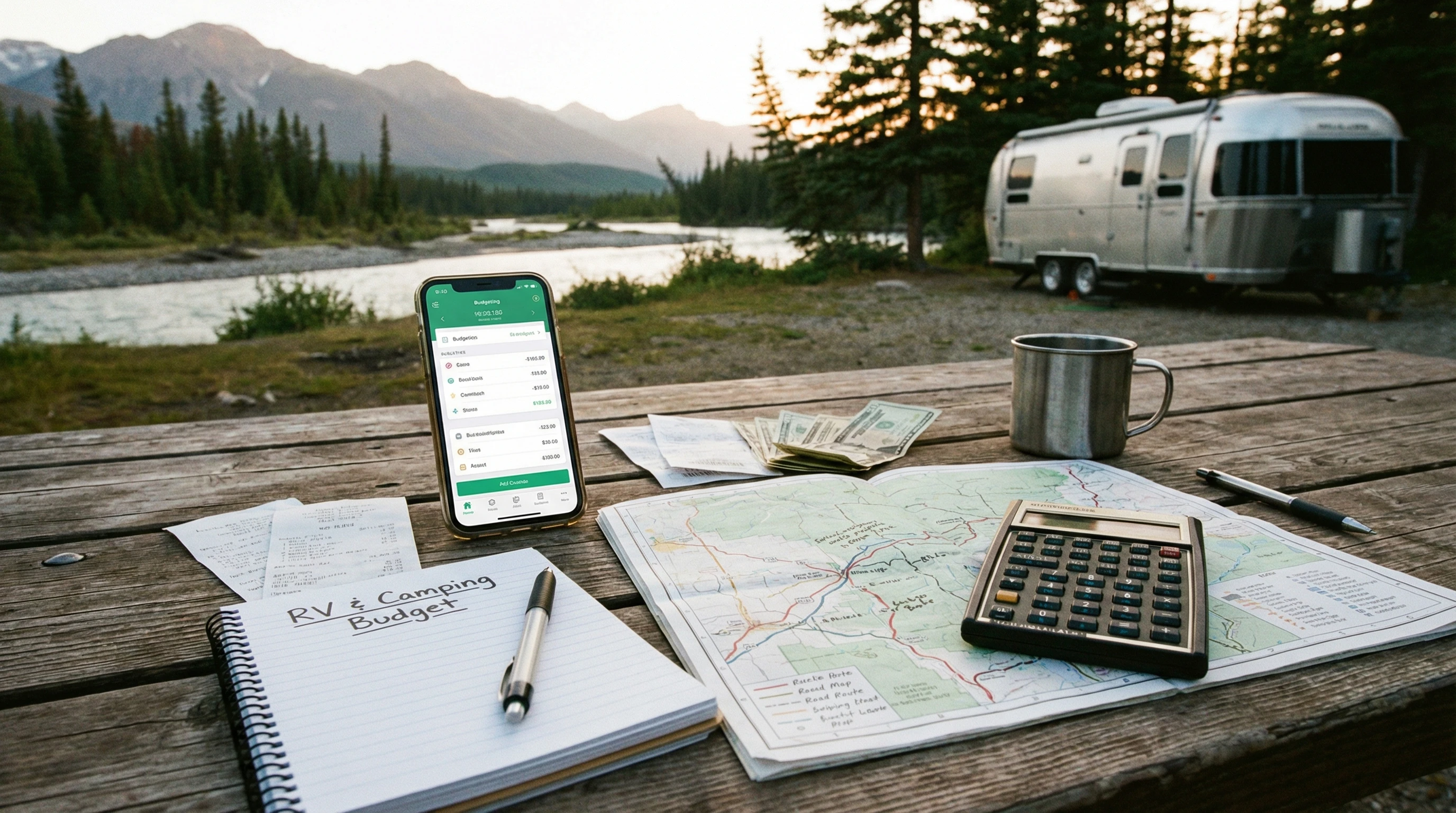 Open laptop with a budgeting spreadsheet on a fold-out RV table, scenic mountain background visible through window