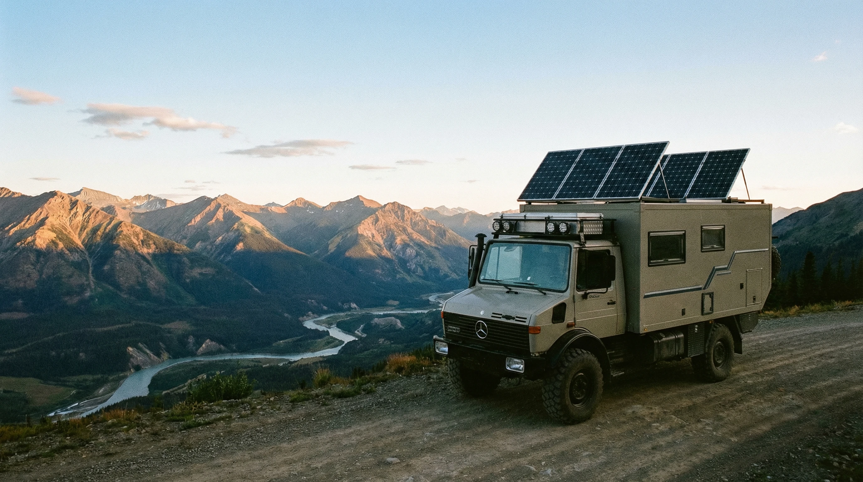 Aerial view of an RV camp setup in a peaceful desert area with solar panels on the roof