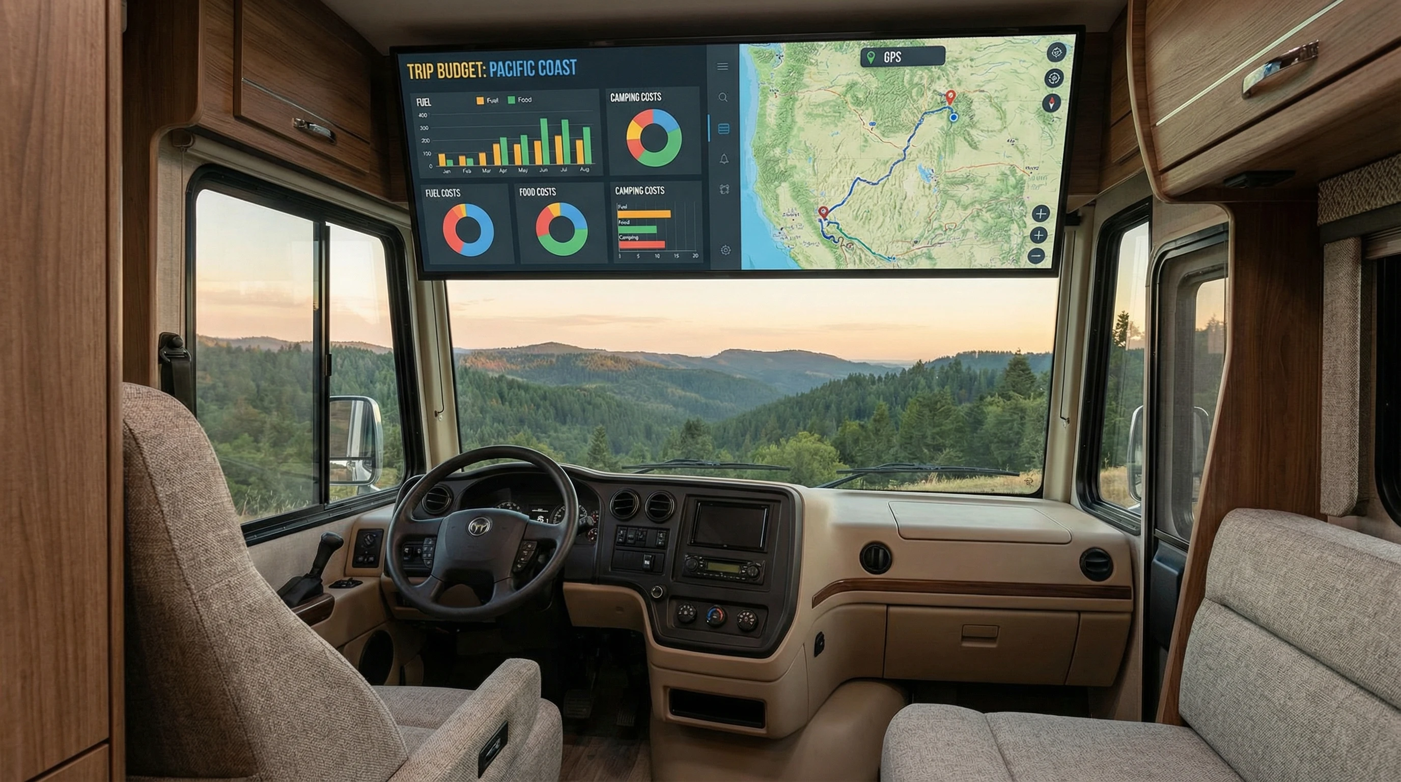RV parked at a beautiful lakeside spot with mountains in the background and a laptop set up for remote work
