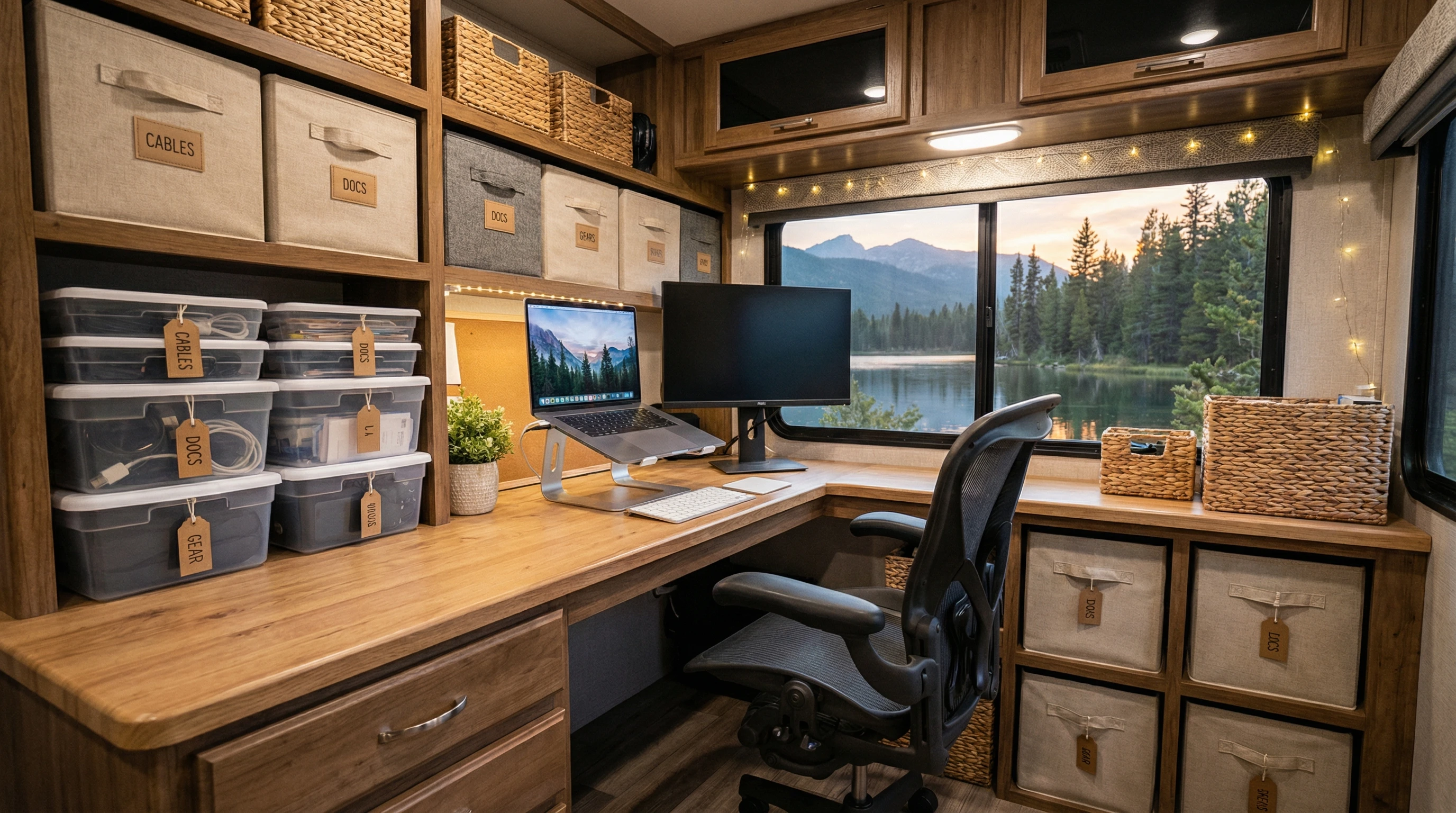 Organized RV office with storage bins, laptop setup, and outdoor scenery