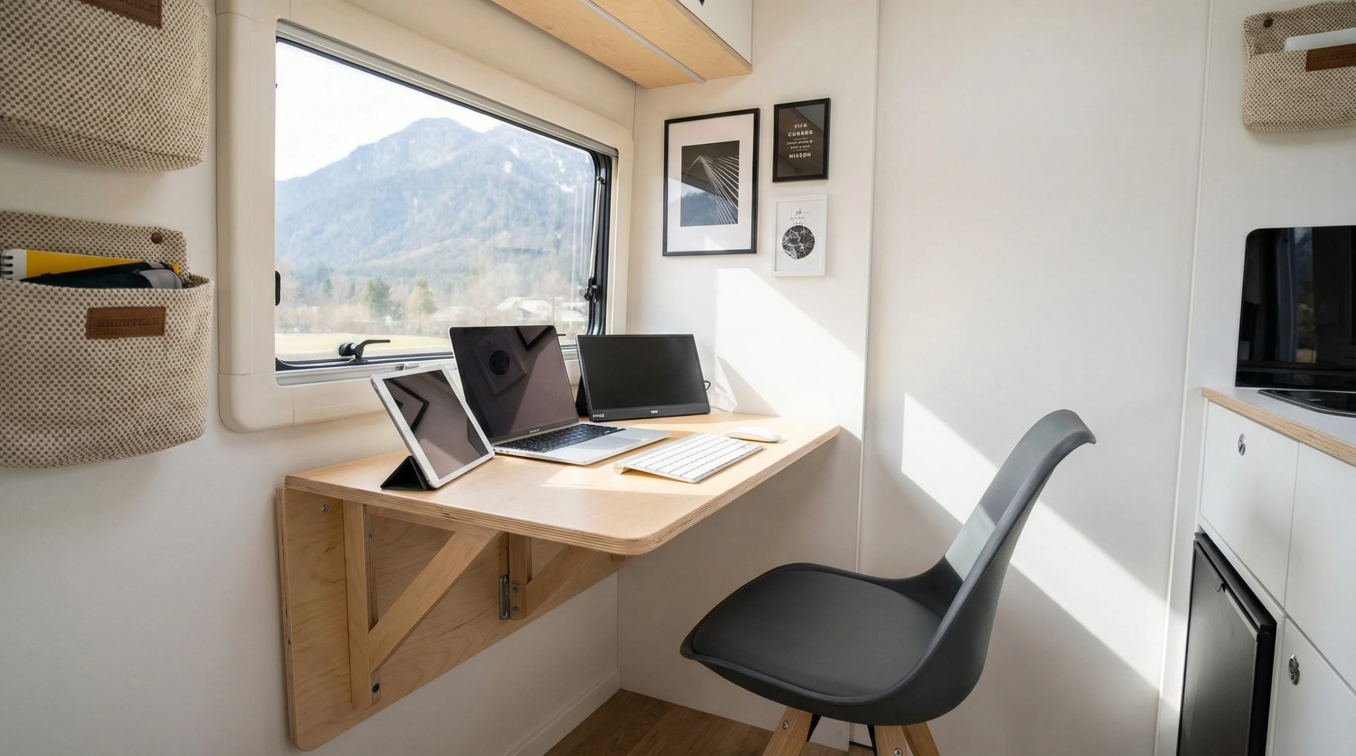 Minimalist RV office workspace with portable desk and technology