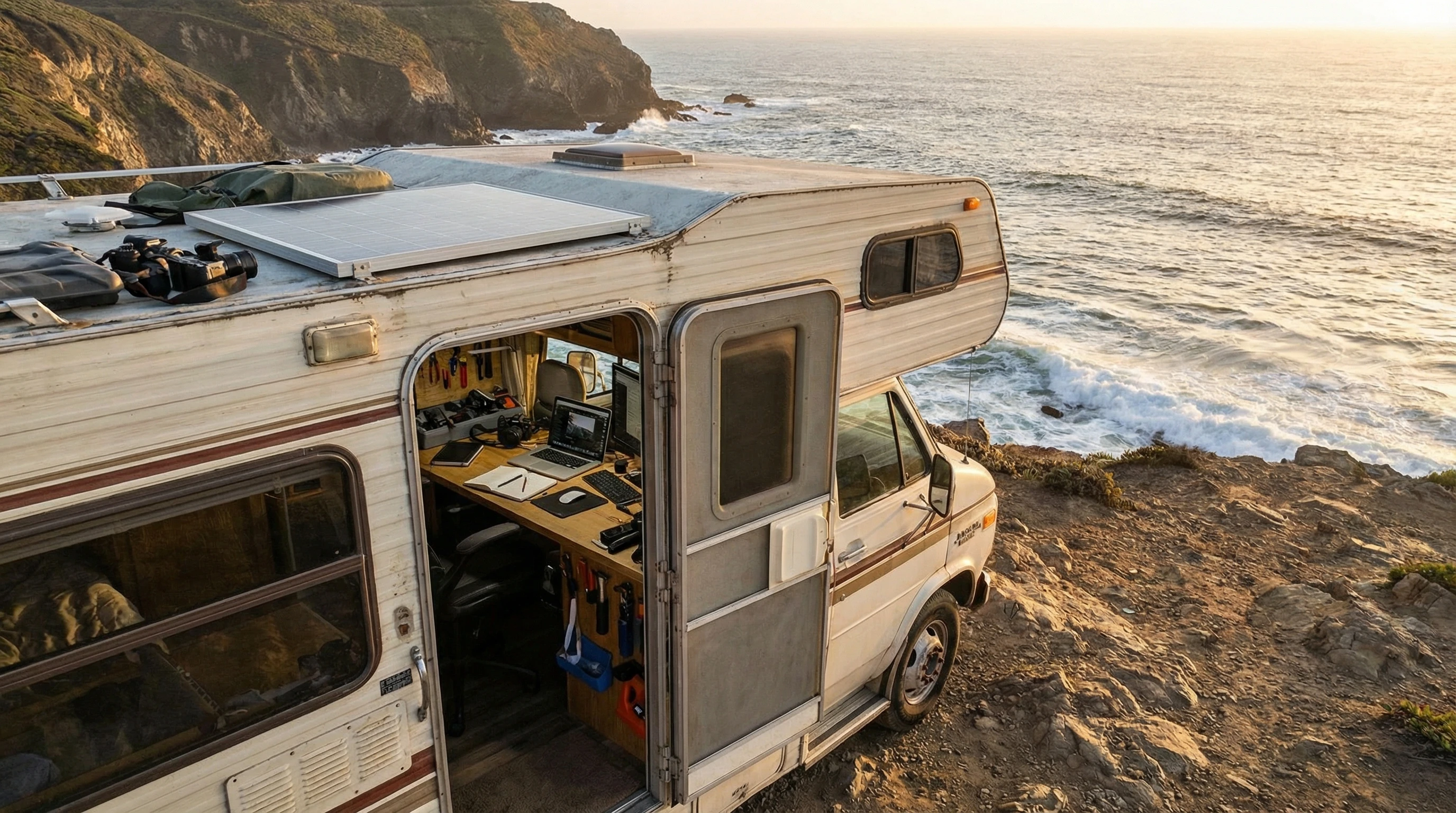 RV workspace at sunset