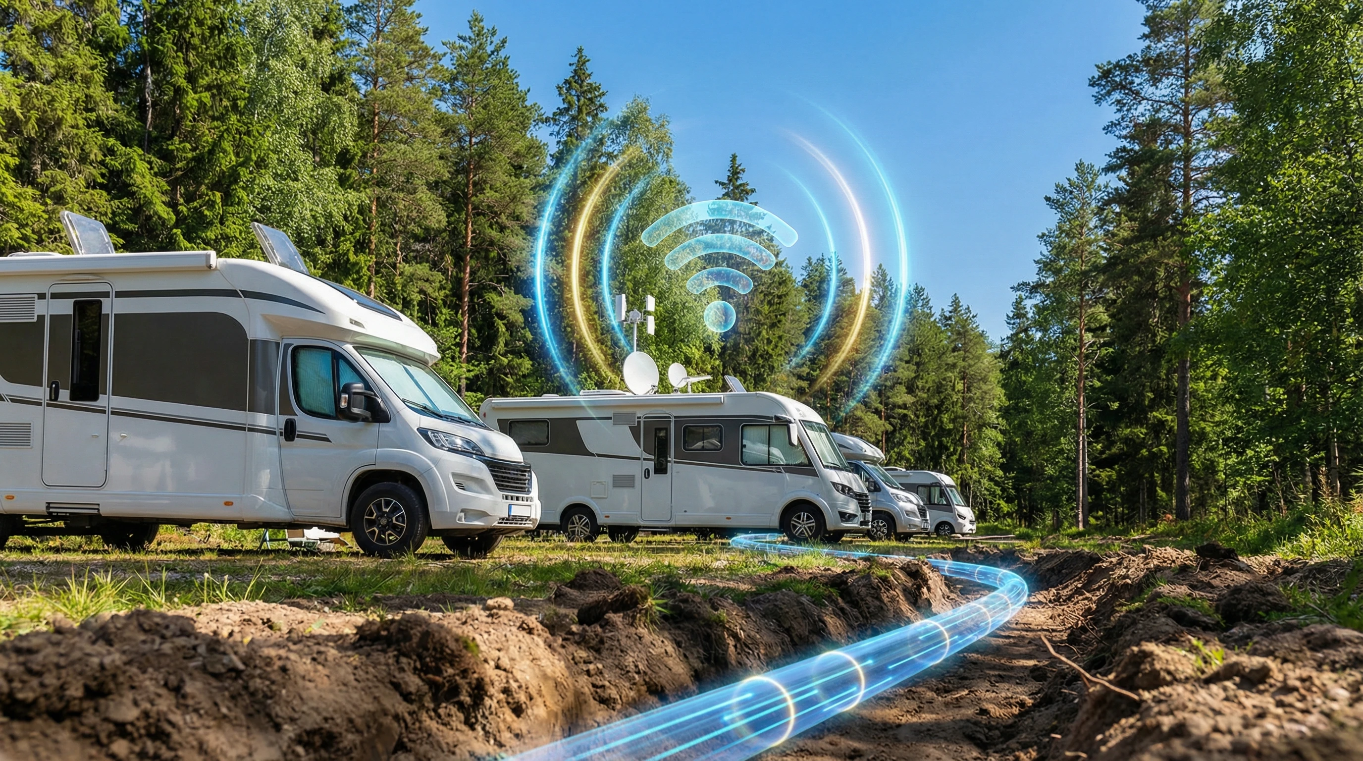 Scenic RV park overlooking a lake with reflections, and graphical Wi-Fi signal beams reaching across the sites