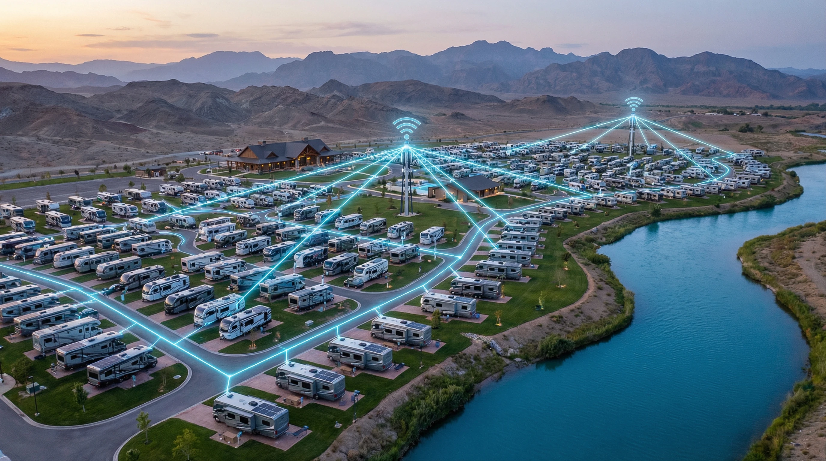 Aerial view of several RVs at a campground, Wi-Fi symbols radiating from the office building into the sites