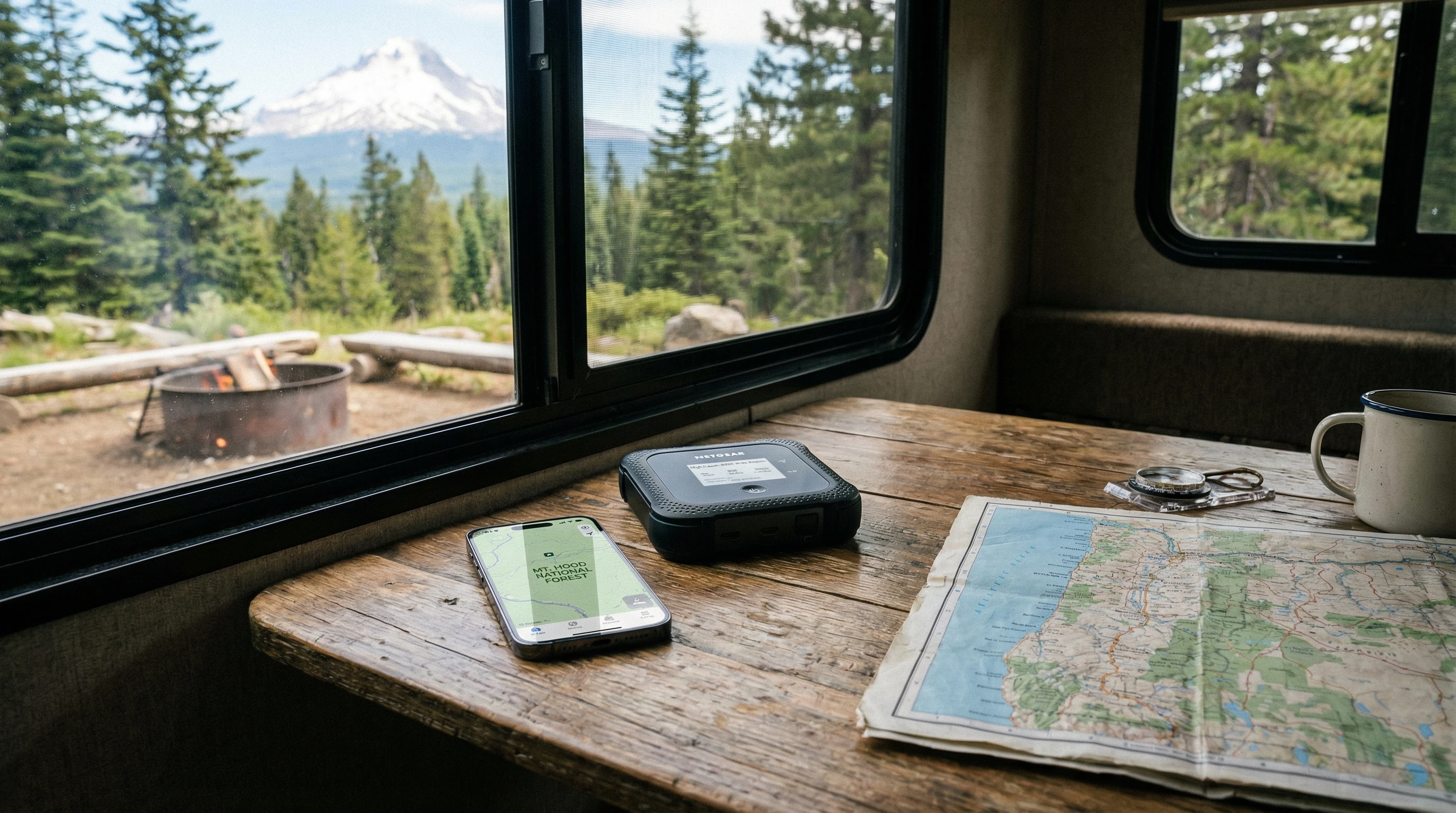 Close-up shot of portable WiFi hotspot, smartphone, and map on small RV table