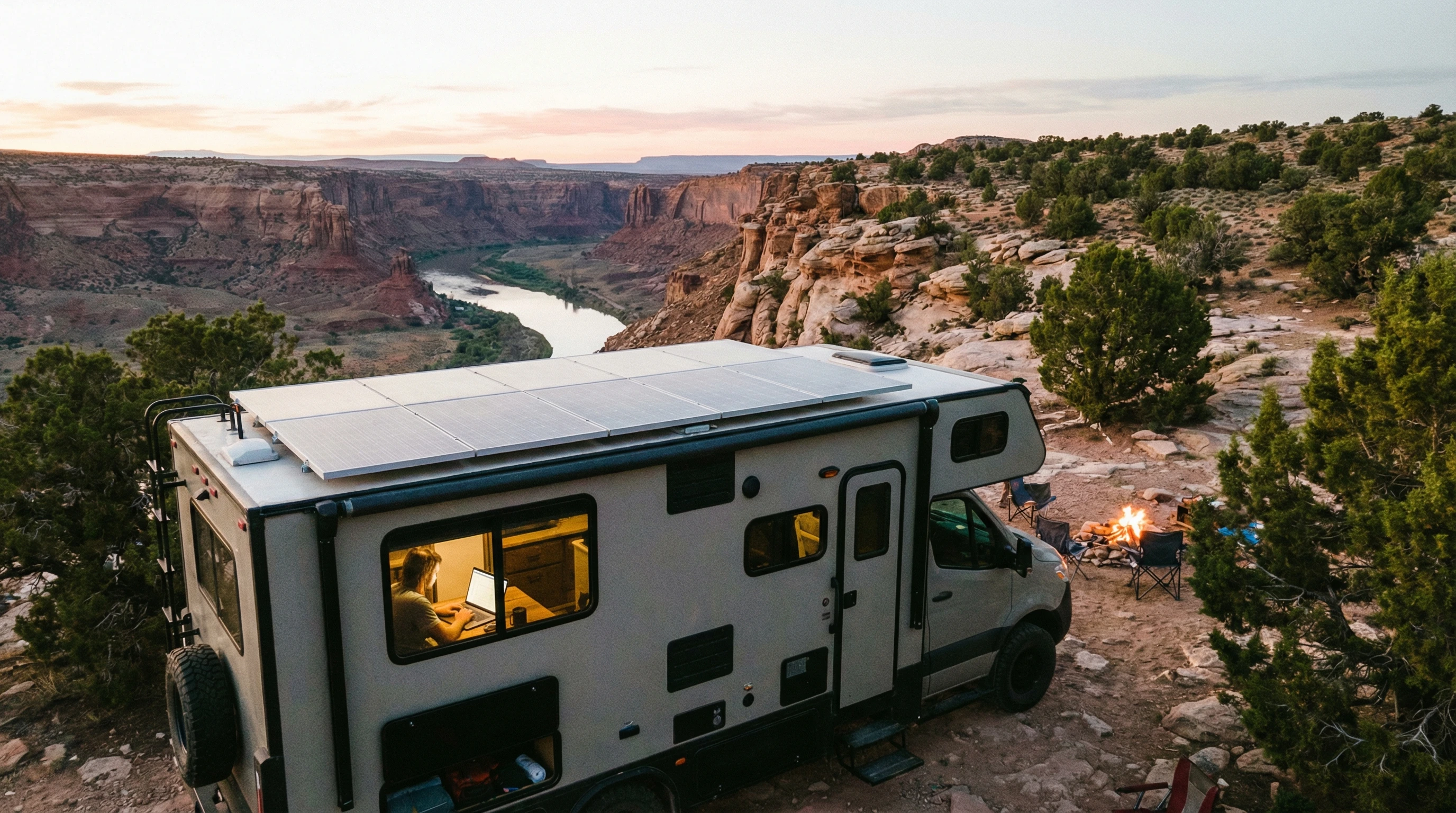 RV office setup with laptop and portable monitor on a table, national park scenery in the window