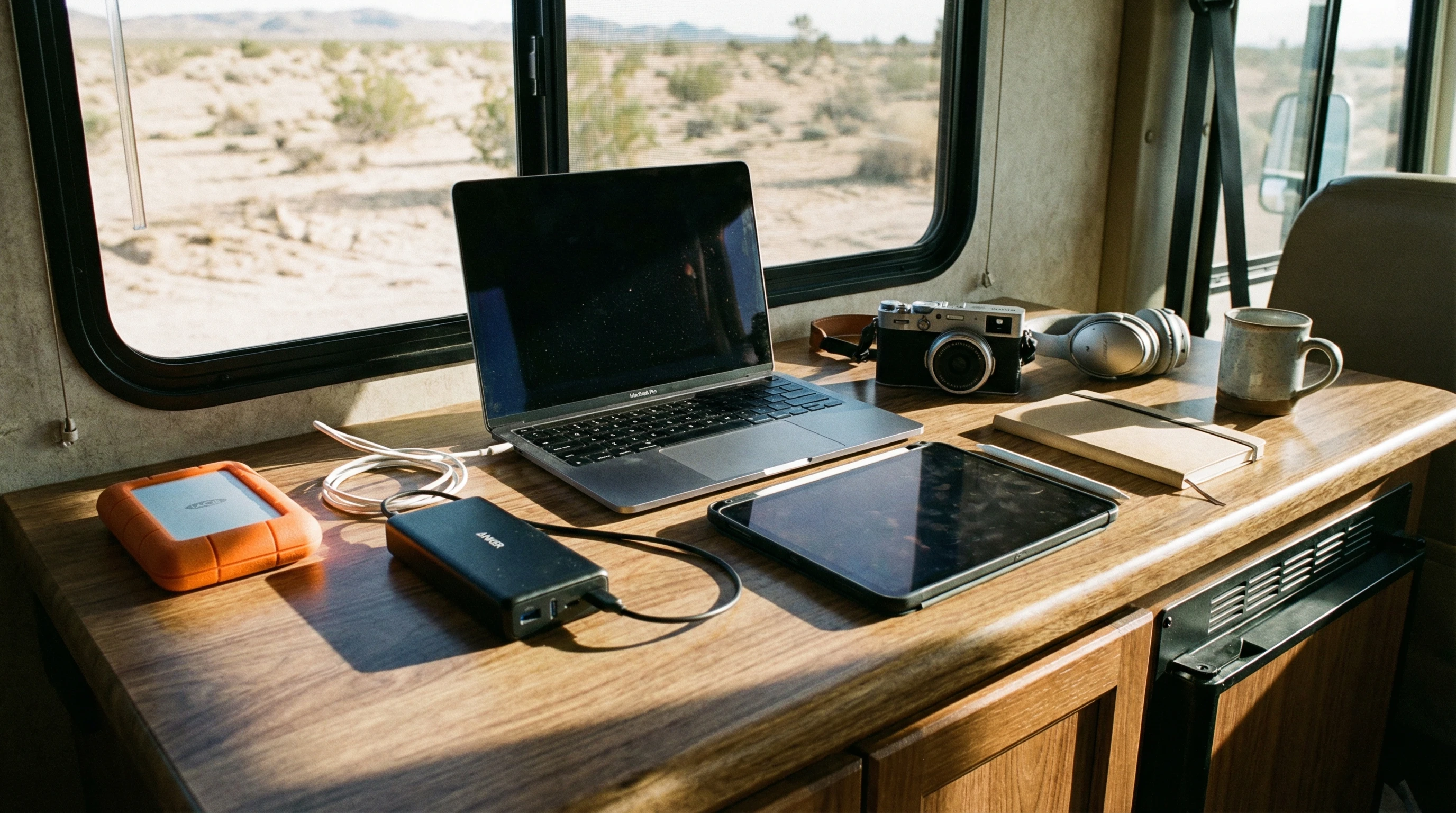 Tech gadgets and portable office equipment neatly arranged on RV kitchen counter, sunlight streaming in