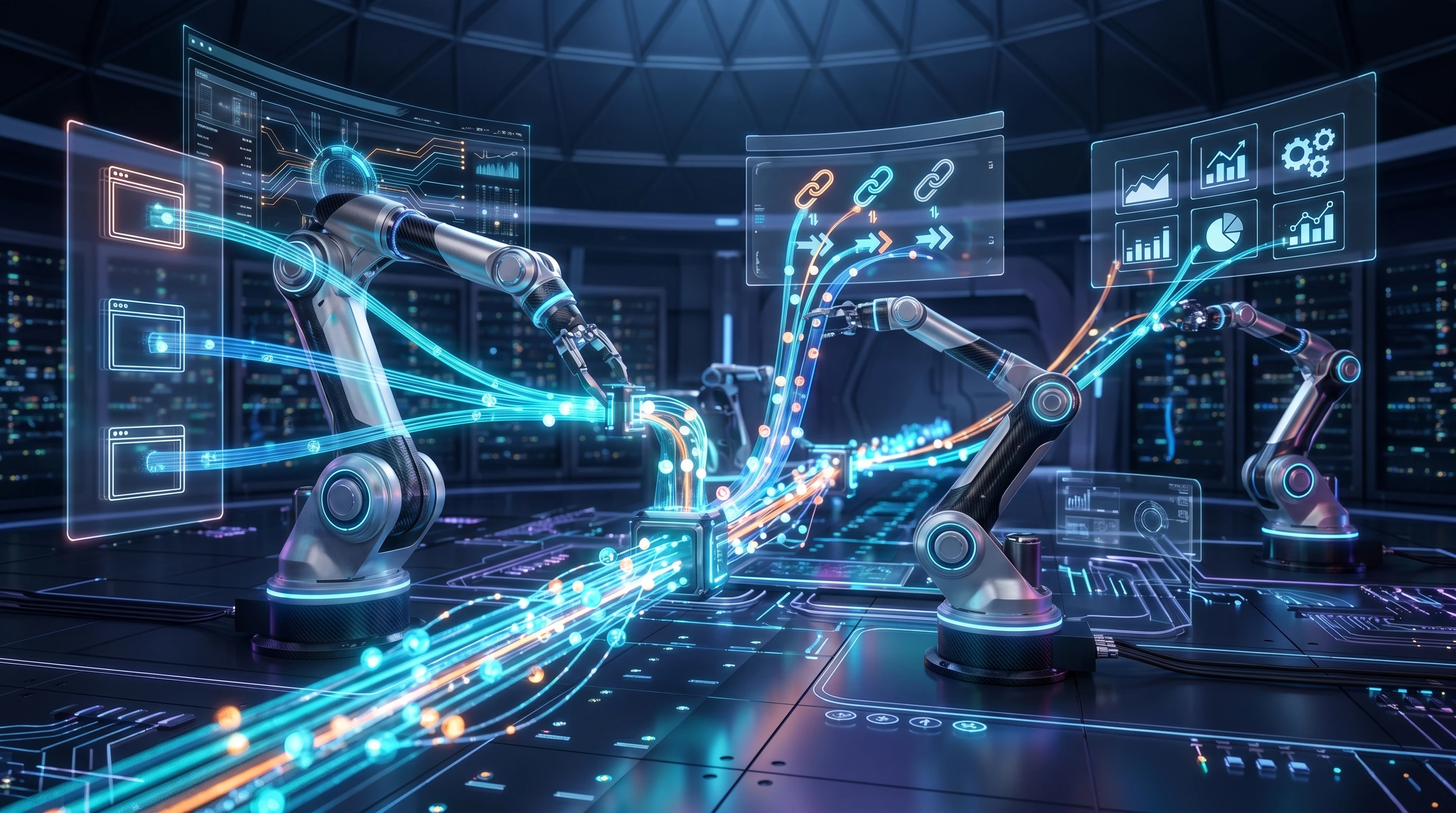 Automation visualization, AI robots managing digital dashboards and affiliate sales flows
