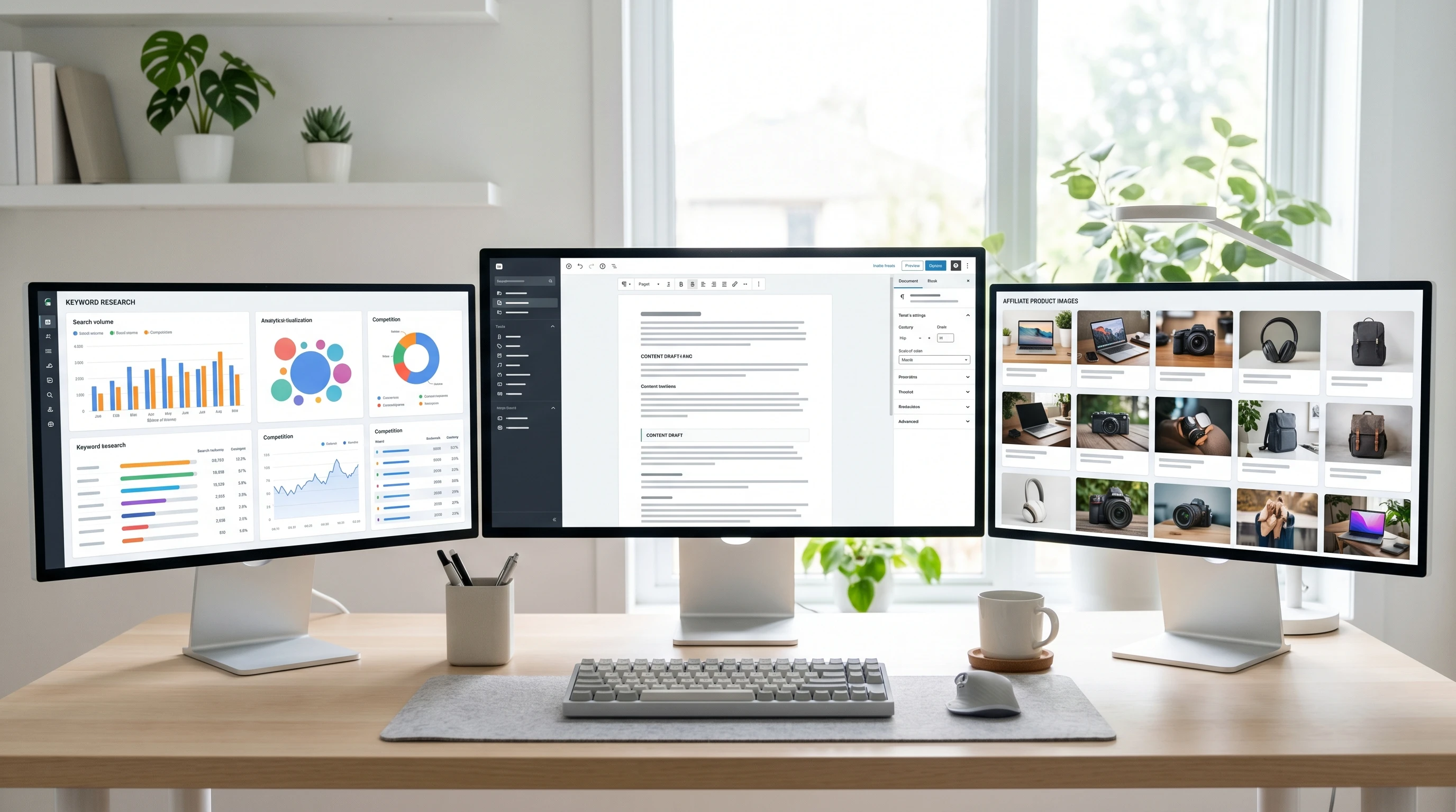 Digital concept of AI tools optimizing affiliate site data and content, vibrant blue hues