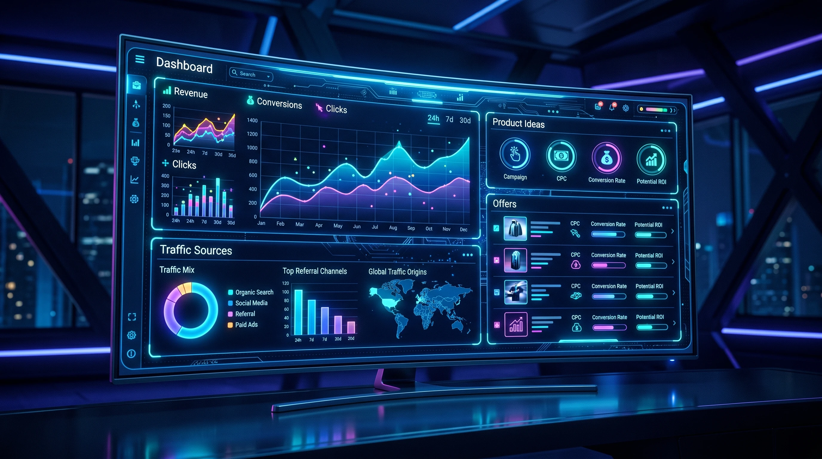 AI-generated digital workspace with charts, graphs, and content drafts