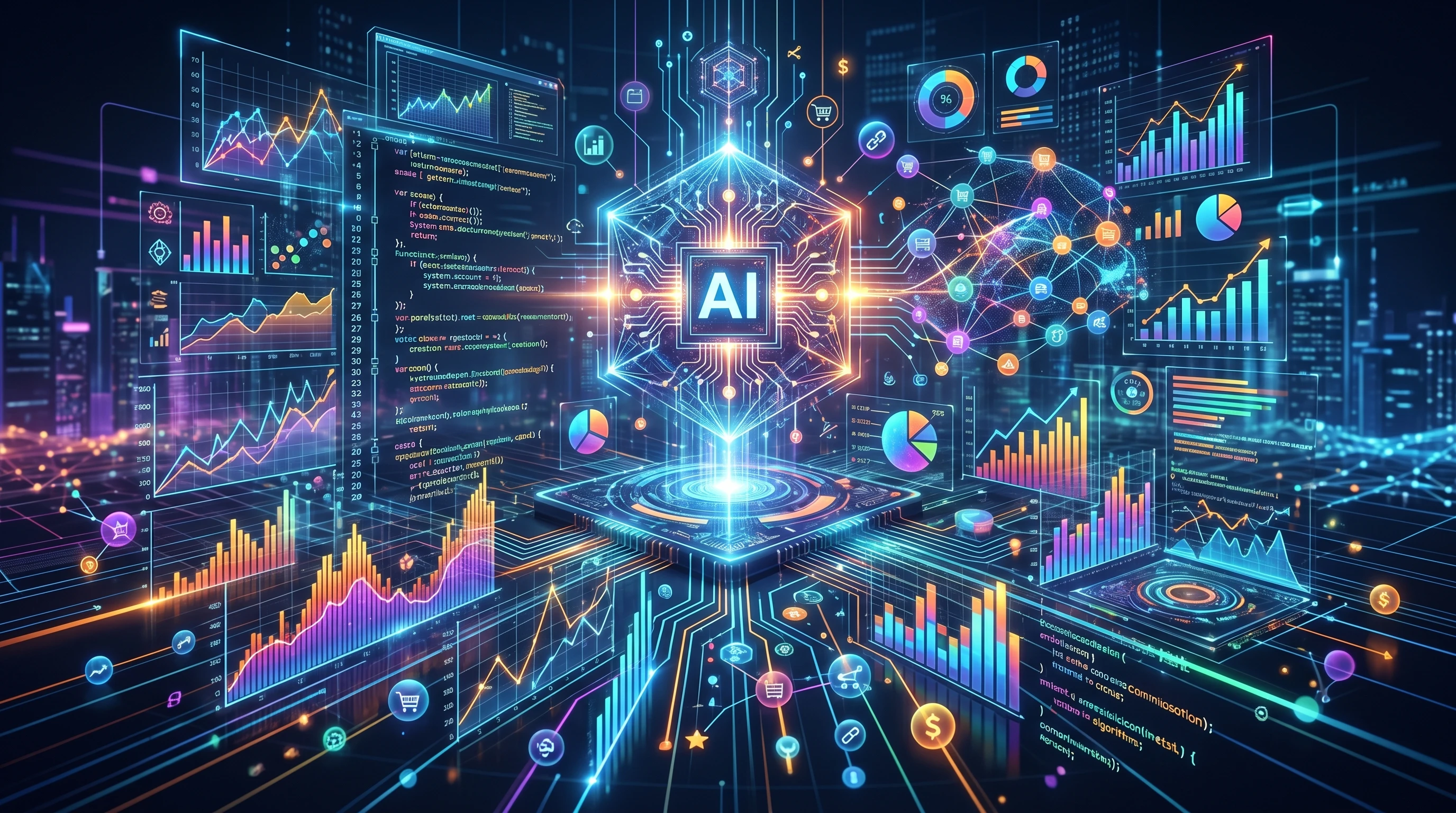 AI concept art, digital brain with data streams and web icons, blue tech background