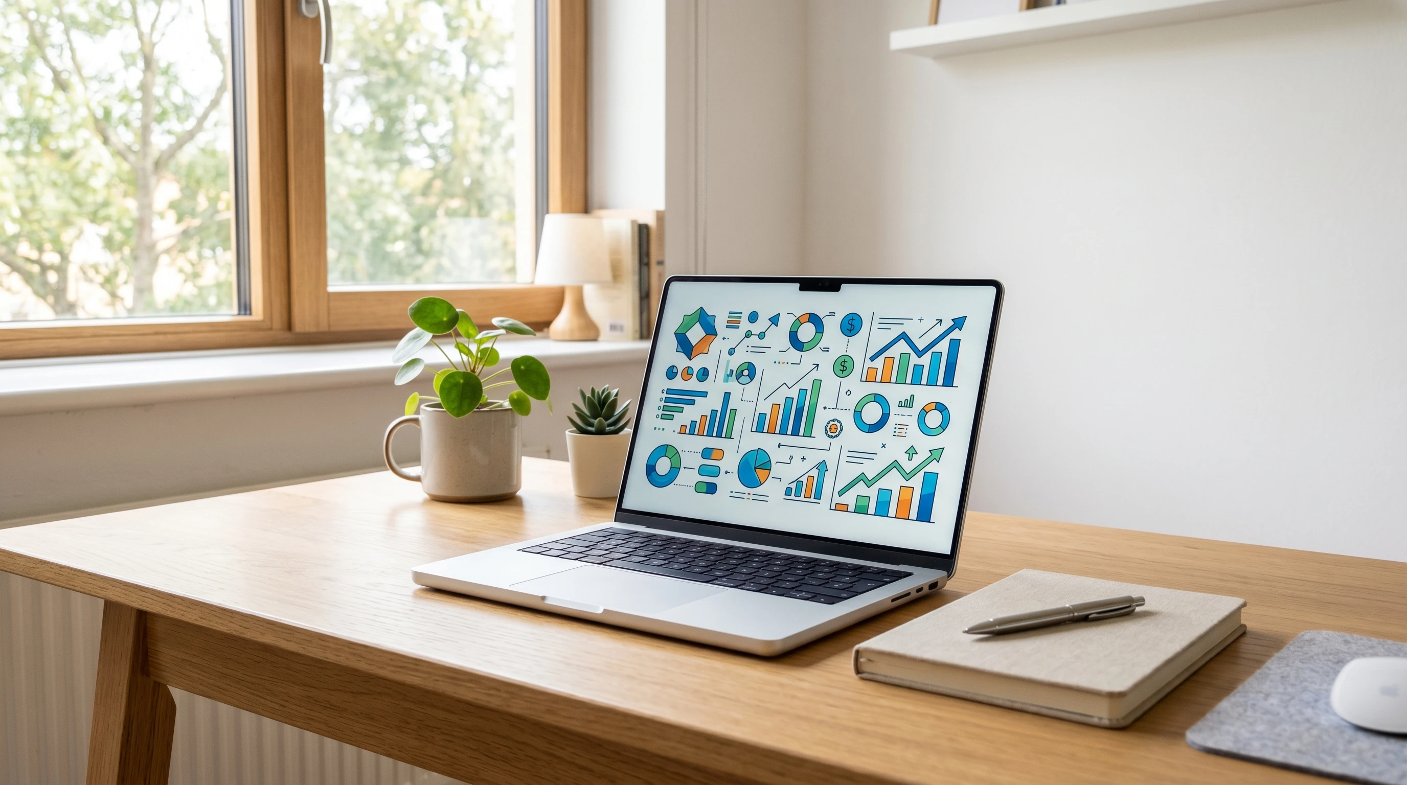 Creative workspace showing website analytics charts and a coffee mug