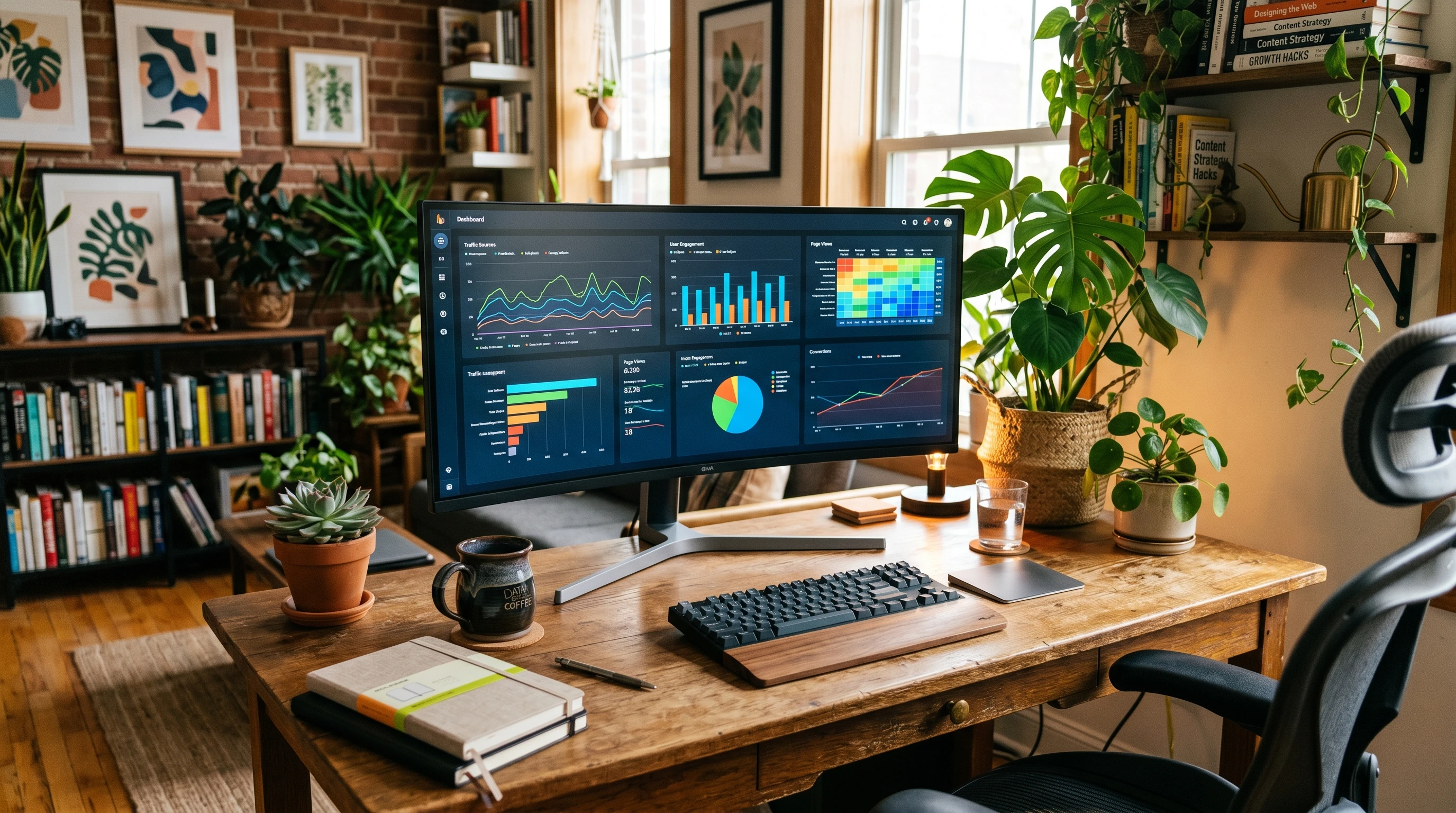 Simple desk setup with a laptop showing Wealthy Affiliate logo and peaceful ambiance