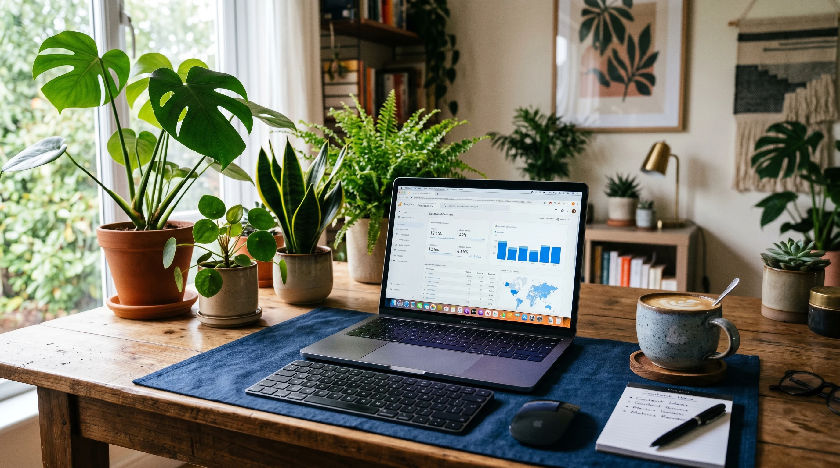 Colorful digital marketing workspace with laptop, graphs, and affiliate icons