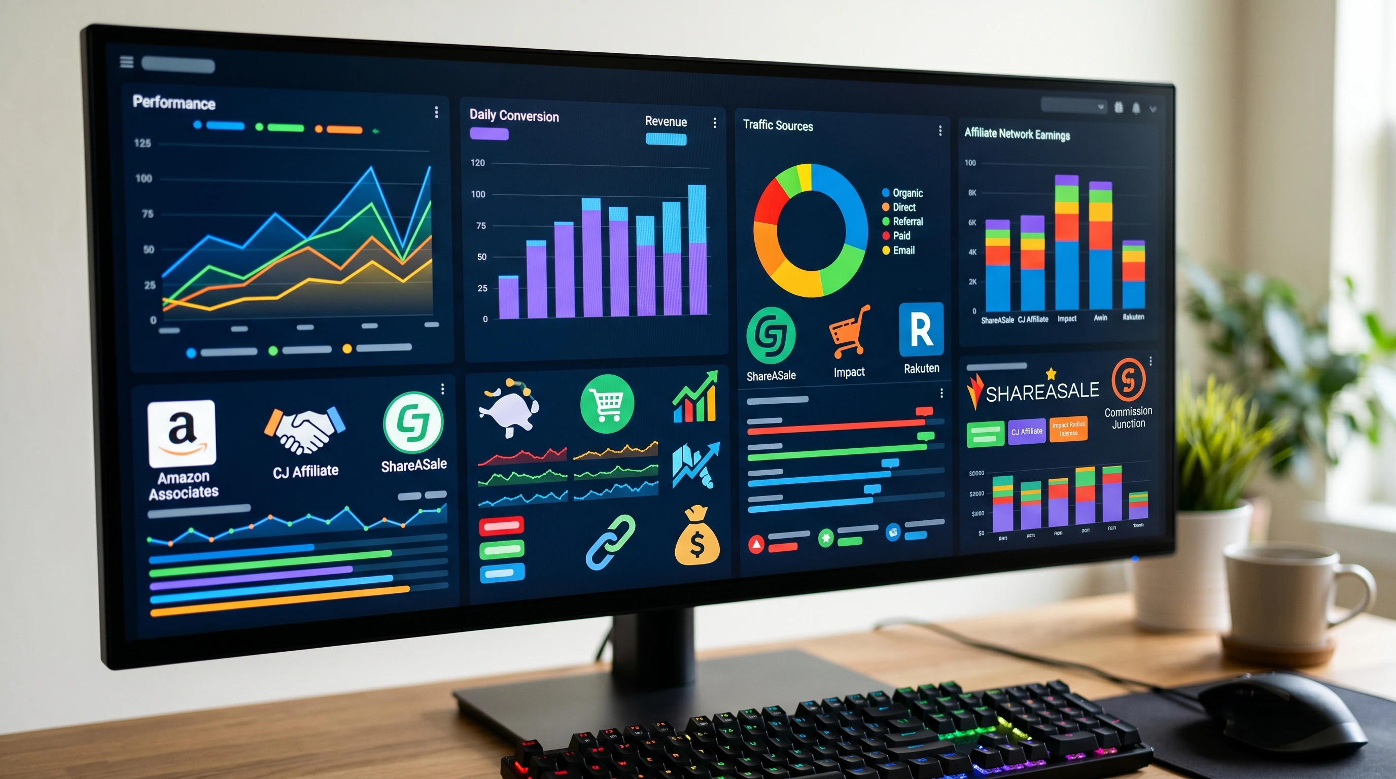 Simple home office with computer screen open to affiliate marketing dashboard