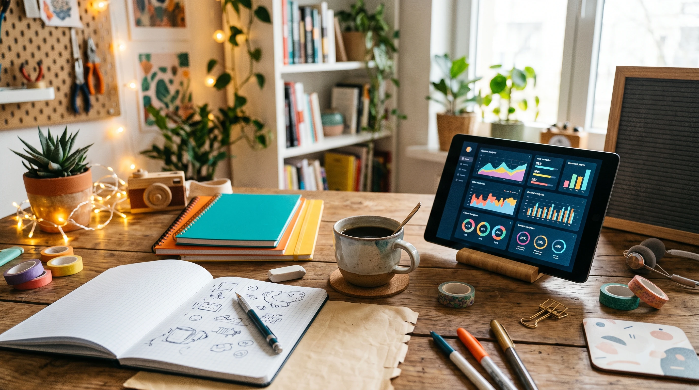 Colorful digital workspace showing steady content creation and progress