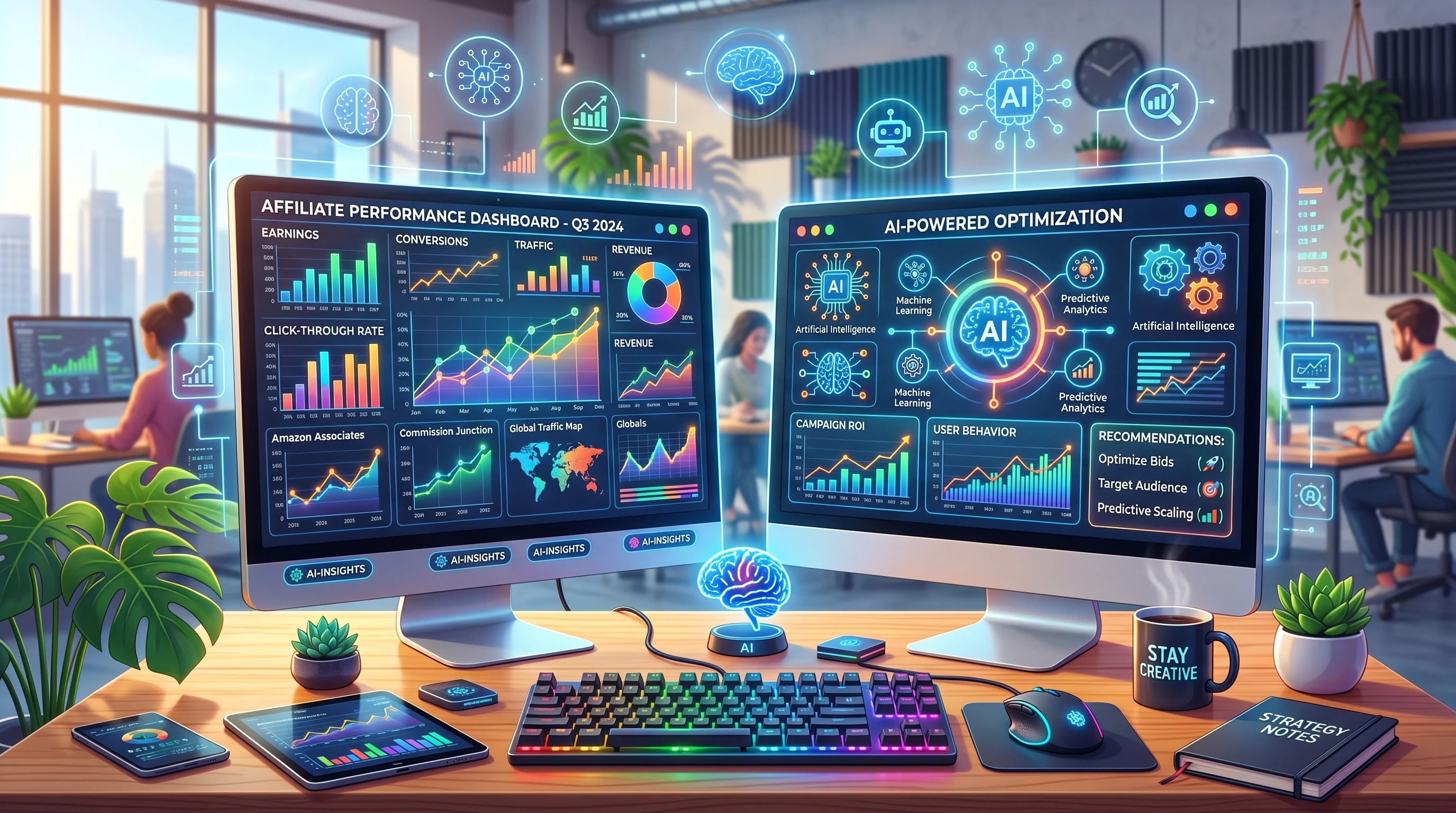 Digital workspace with computers, affiliate graphs, and AI icons, in bright colors