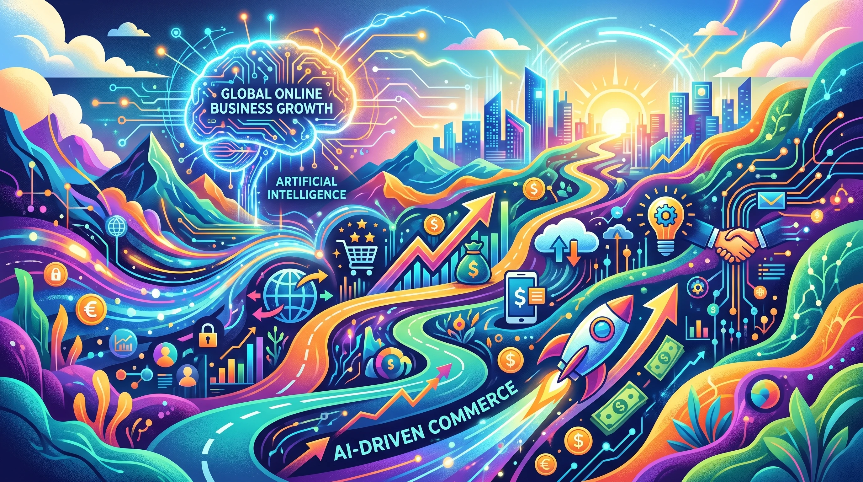 Colorful abstract landscape with digital commerce icons and AI patterns, representing online business growth