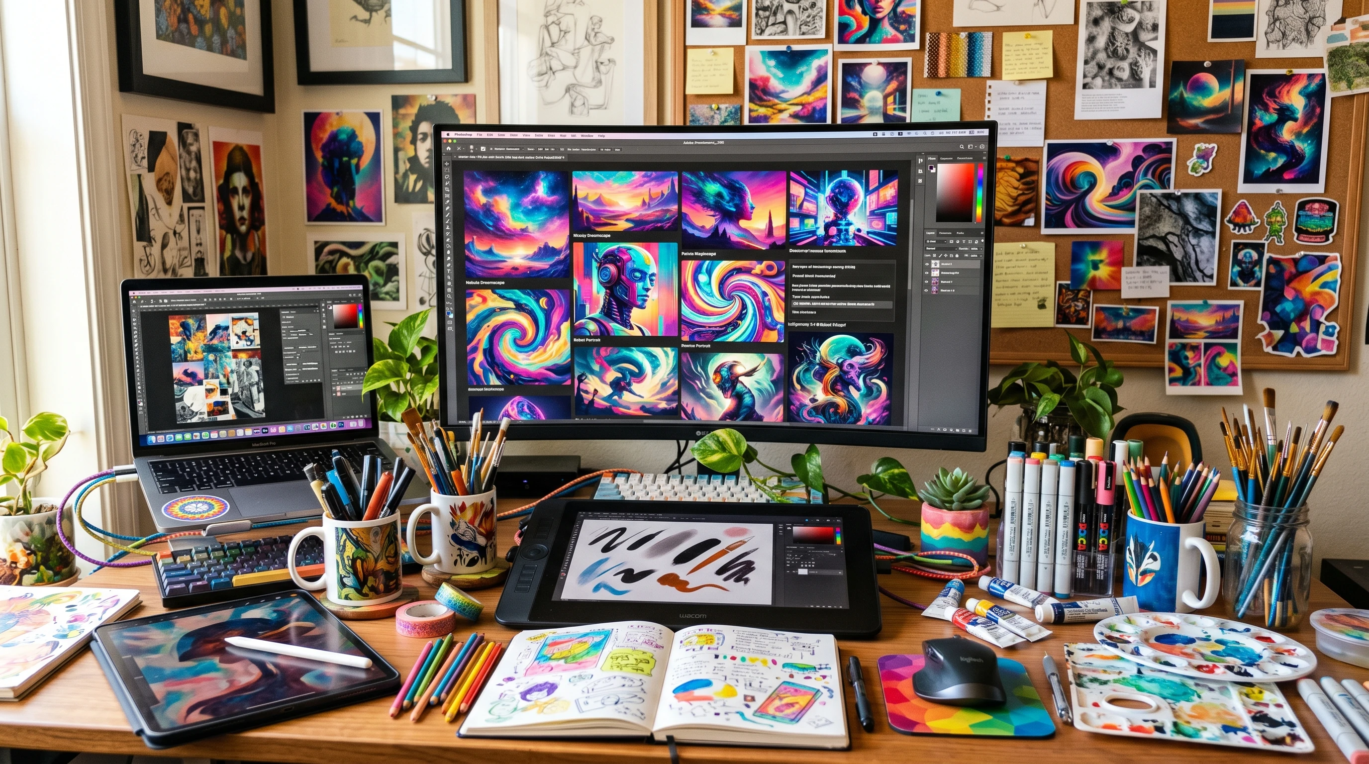 A colorful AI-generated creative workspace with digital devices and art tools