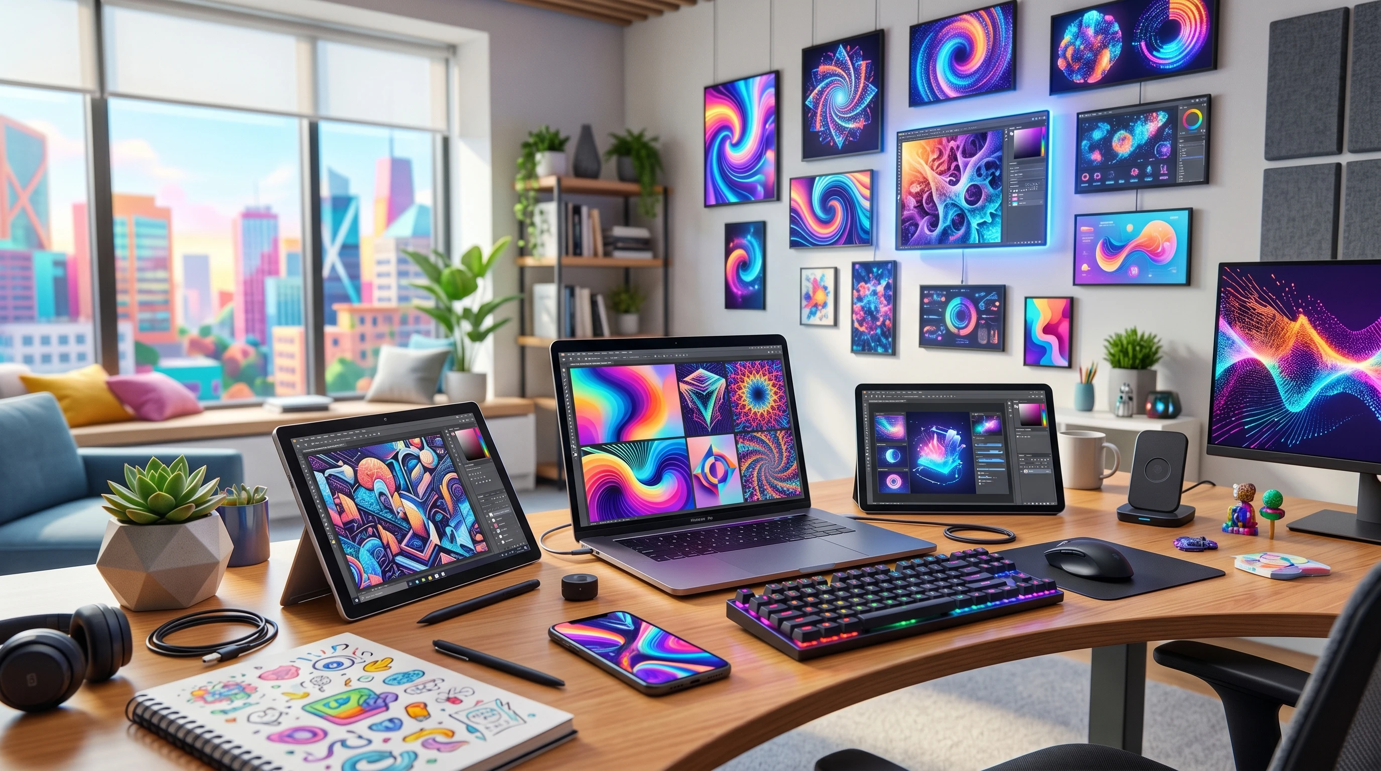 AI-generated workspace with laptop and creative digital elements
