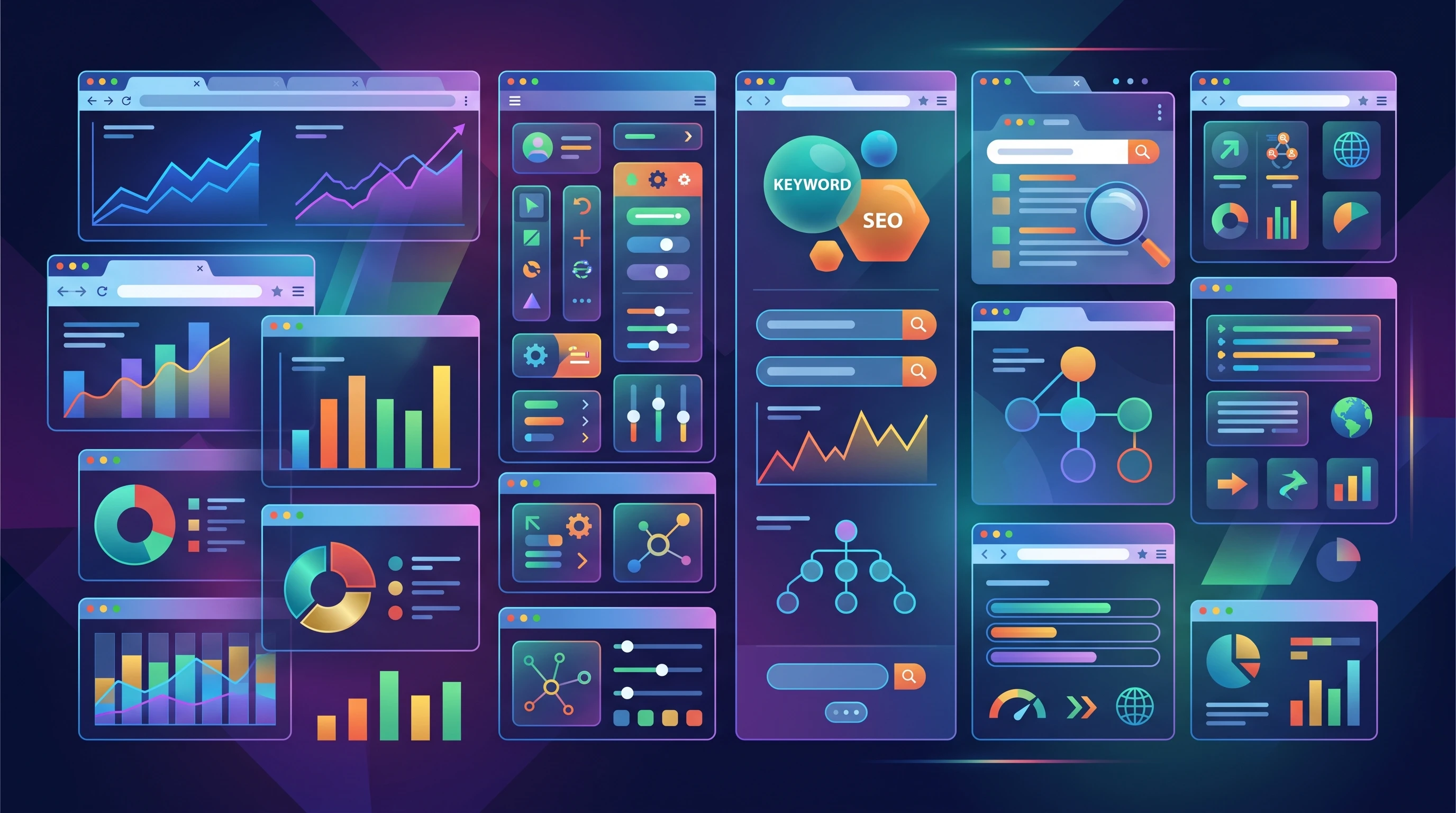 Digital rendering of open web browser windows showing analytics charts, search results, and SEO tools