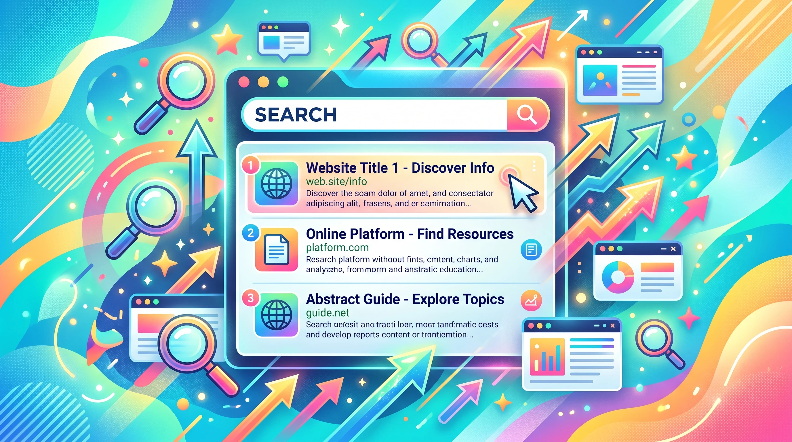 Colorful, abstract digital illustration representing website SEO concepts and Google search