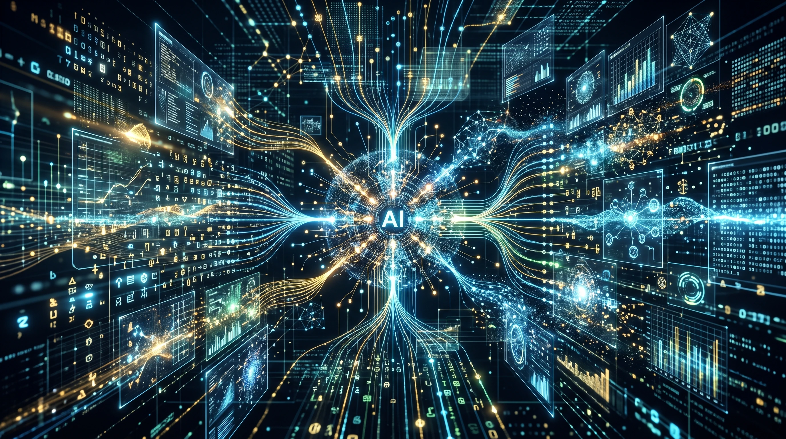 Futuristic data visualization showing AI reviewing digital text and data feeds